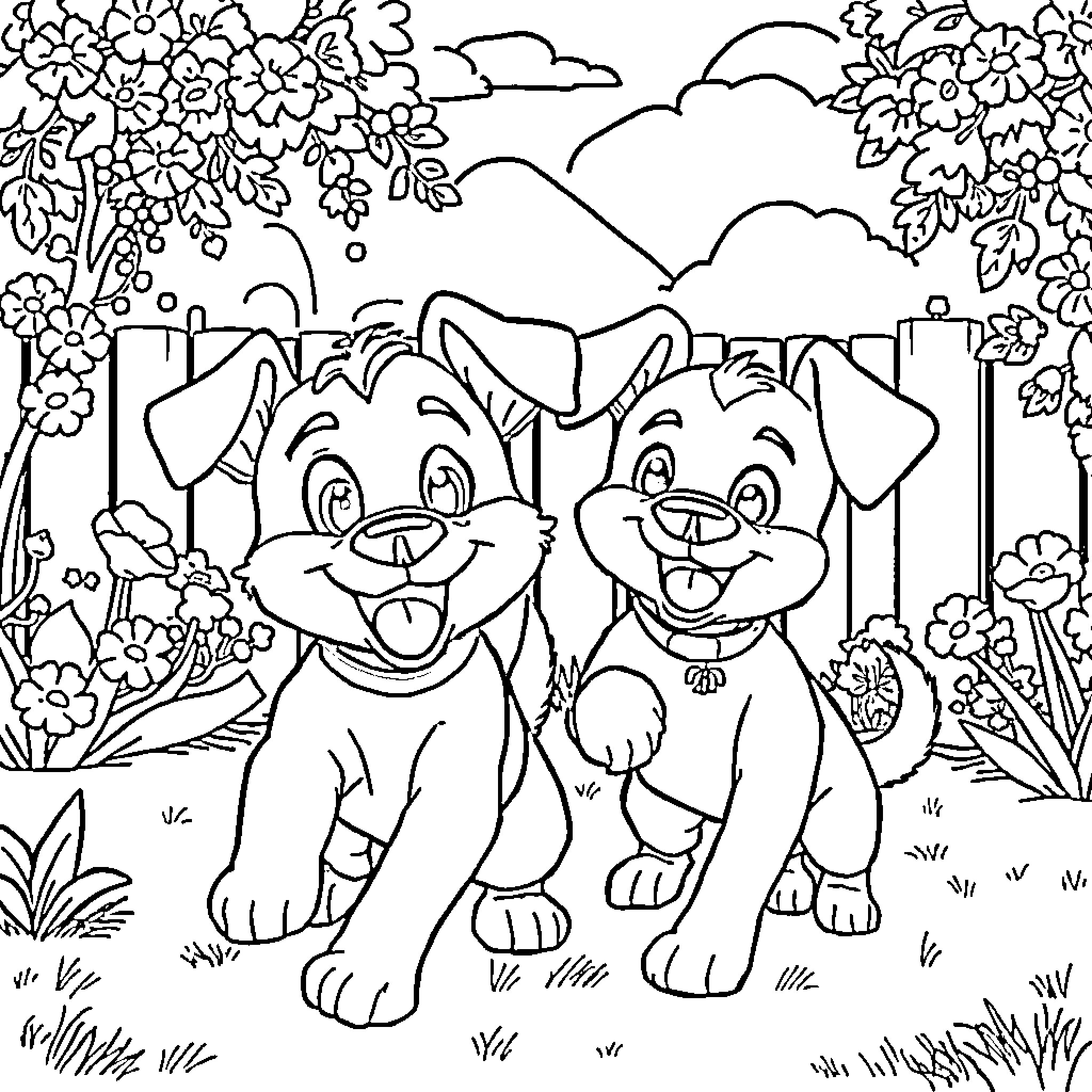 Bluey's Playful Puppies Explore the Enchanted Garden Coloring Page (free black-and-white line drawing printable PDF for all, from beginners to advanced learners, including children, teens, adults, and seniors)