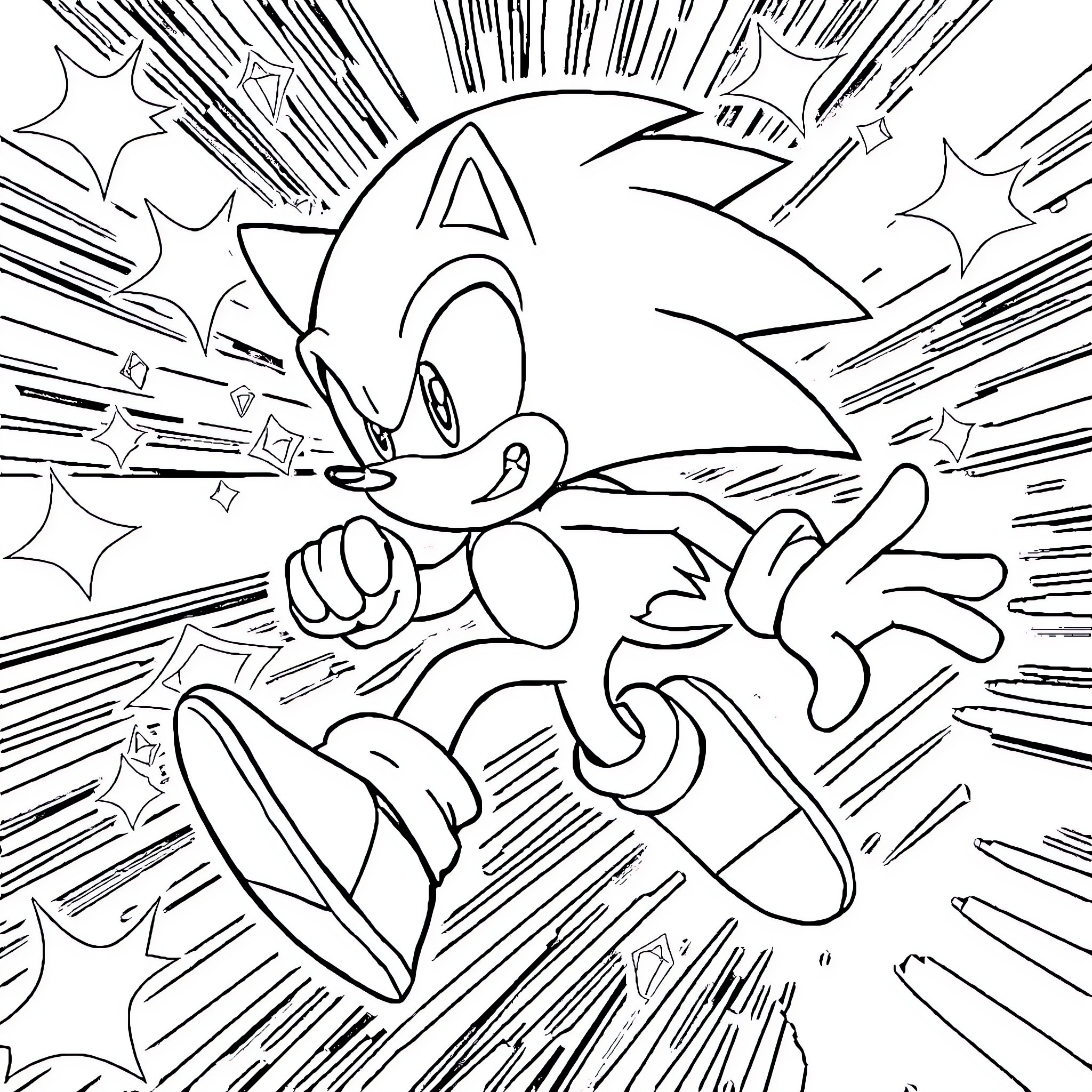 Sonic rushing speedily with shining stars Coloring Page (free black-and-white line drawing printable PDF for all, from beginners to advanced learners, including children, teens, adults, and seniors)