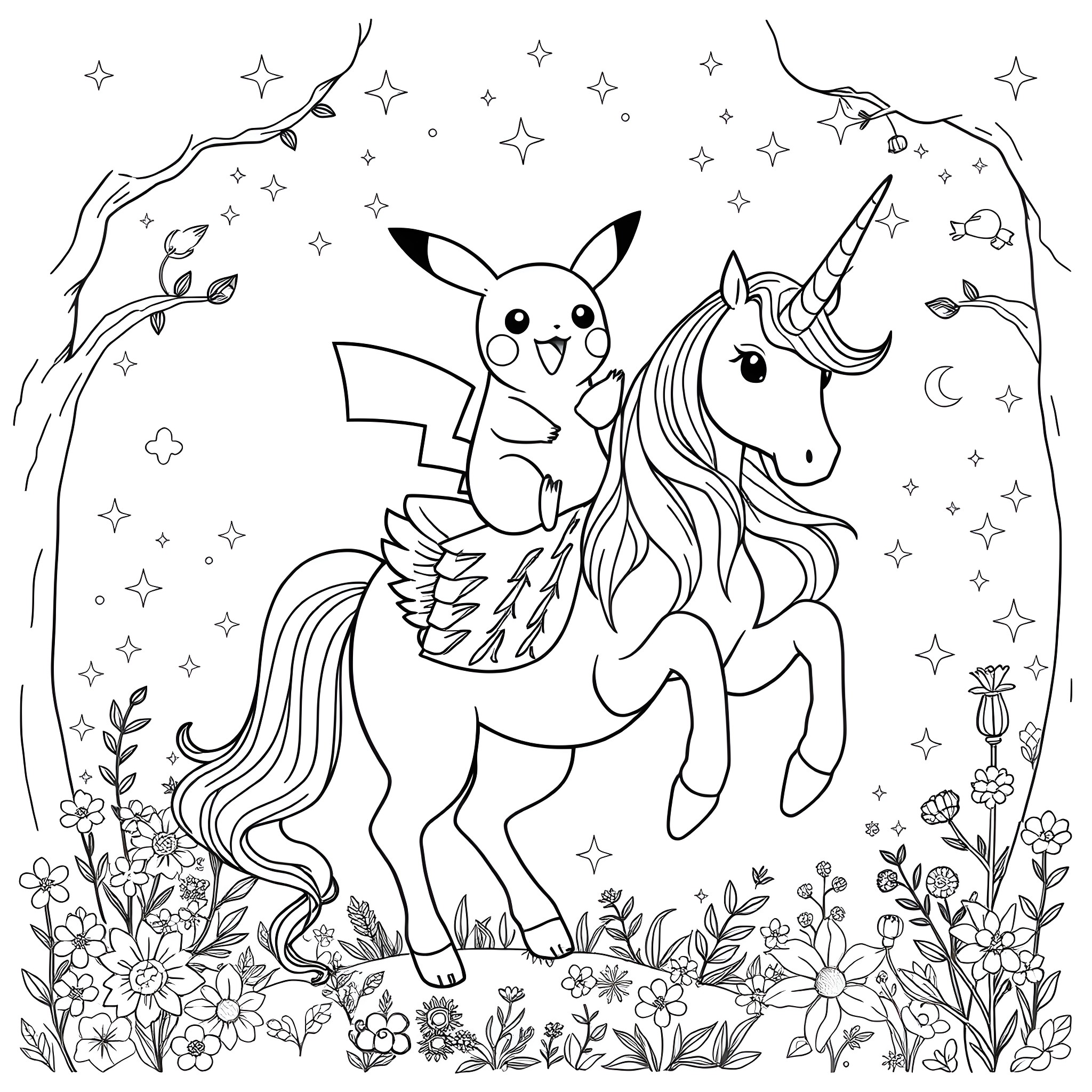 Pikachu riding a magical unicorn in a starry night landscape Coloring Page (free black-and-white line drawing printable PDF for all, from beginners to advanced learners, including children, teens, adults, and seniors)