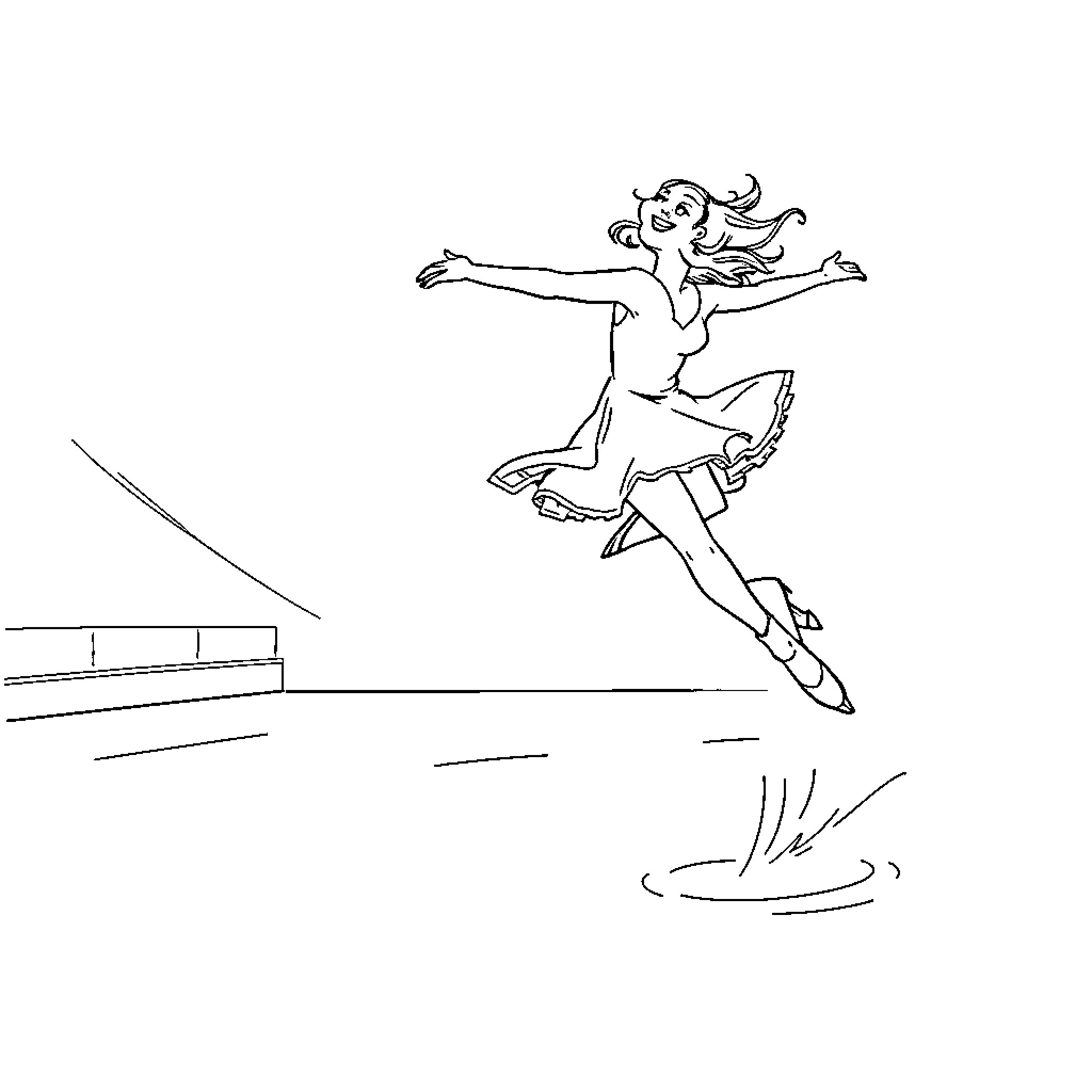 Figure Skater Performing Graceful Jumps and Spins Coloring Page (free black-and-white line drawing printable PDF for all, from beginners to advanced learners, including children, teens, adults, and seniors)
