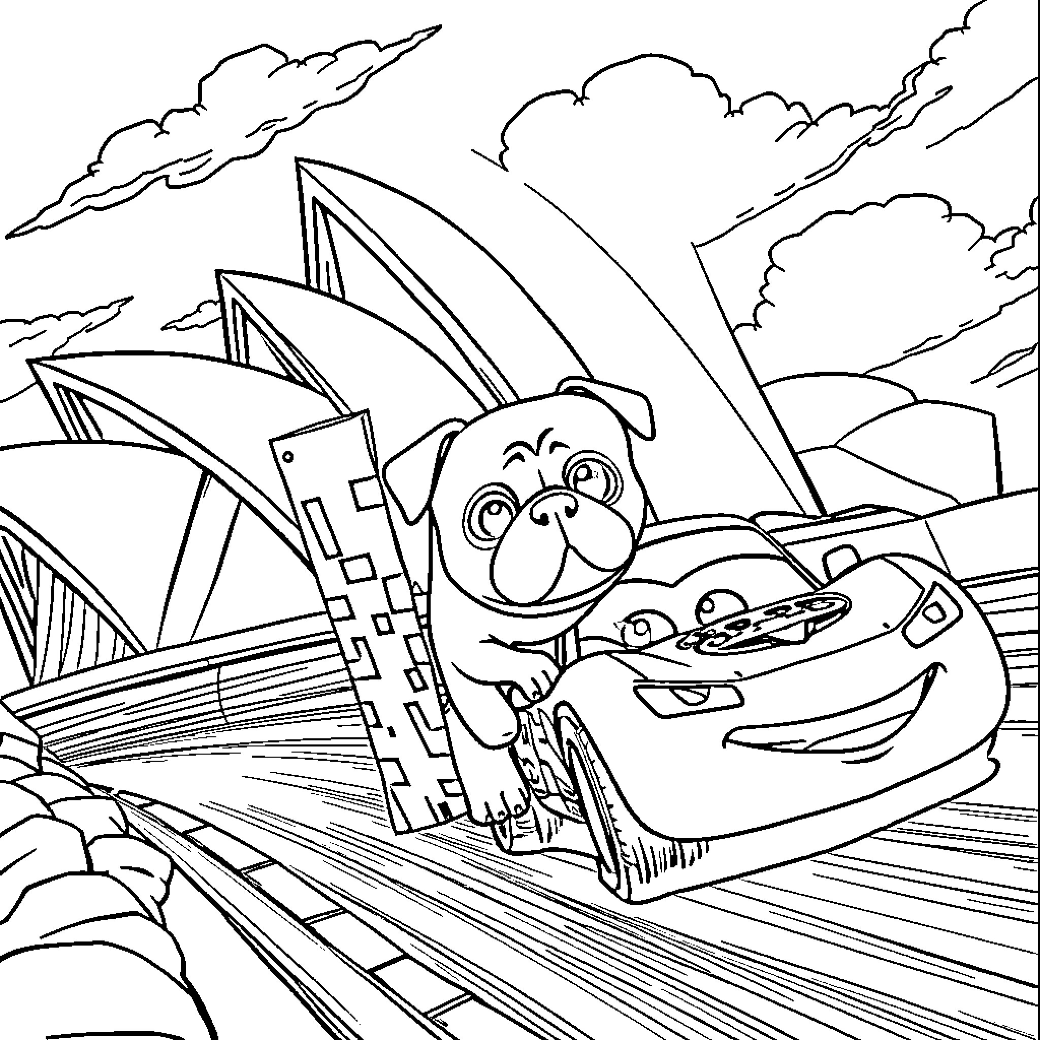 Creeper cars speeding through the city skyline Coloring Page (free black-and-white line drawing printable PDF for all, from beginners to advanced learners, including children, teens, adults, and seniors)
