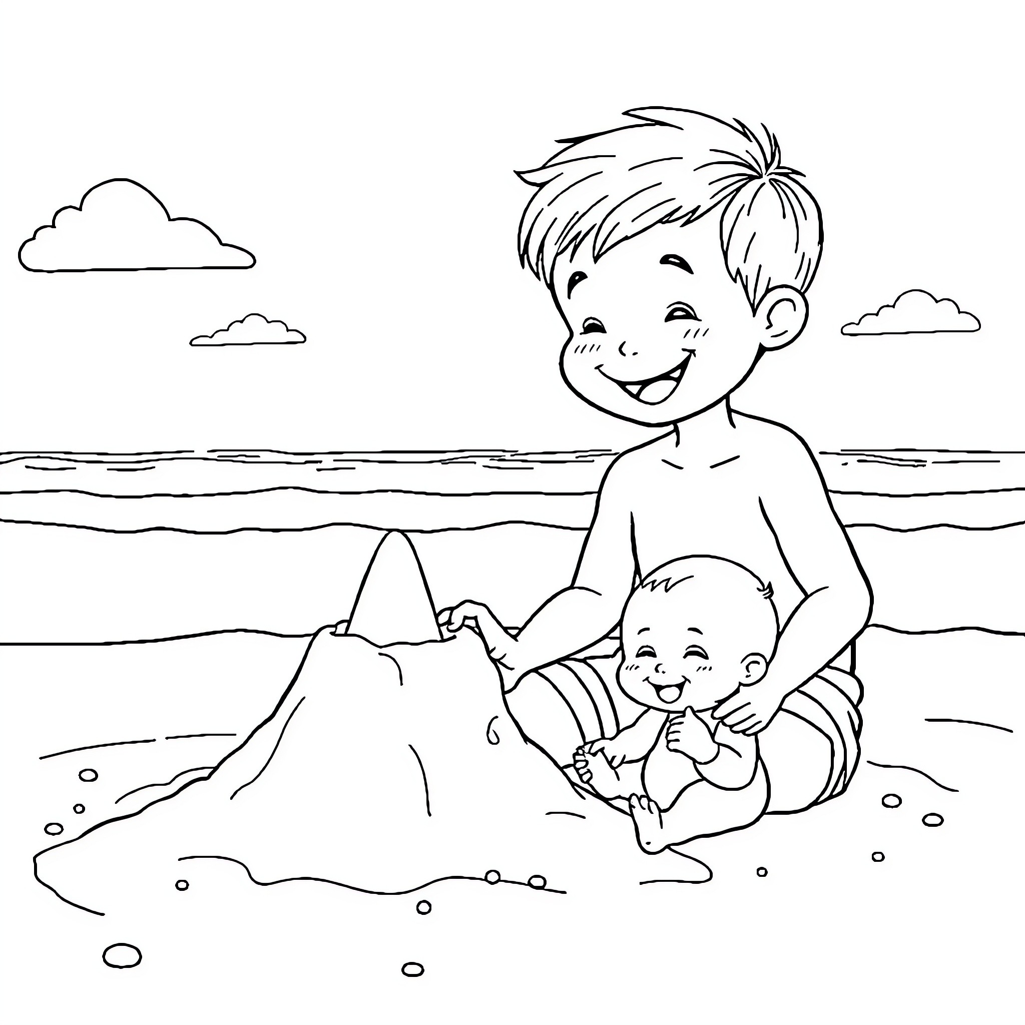 Boy playing happily with baby on the beach Coloring Page (free black-and-white line drawing printable PDF for all, from beginners to advanced learners, including children, teens, adults, and seniors)