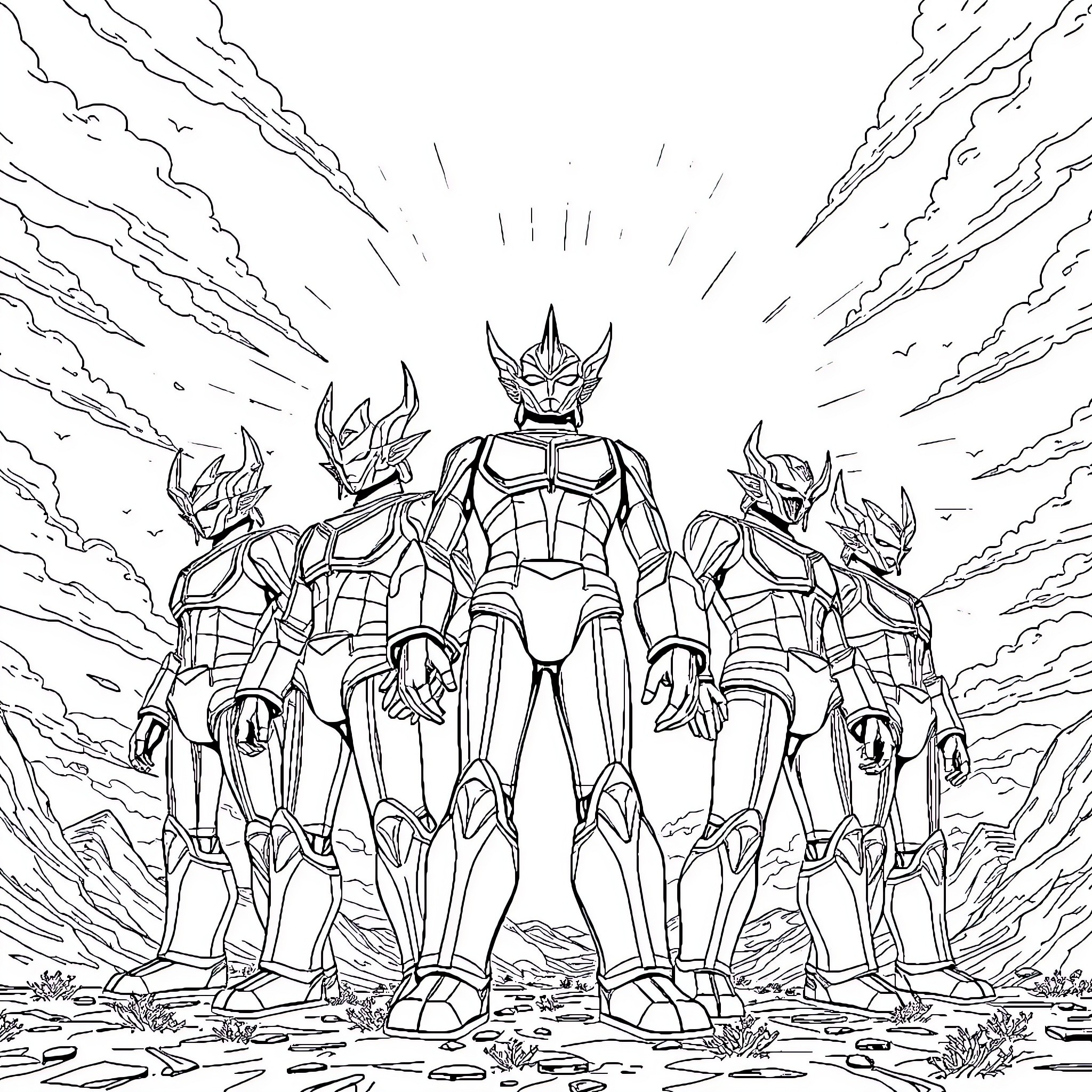 Ultramen heroically standing against the backdrop Coloring Page (free black-and-white line drawing printable PDF for all, from beginners to advanced learners, including children, teens, adults, and seniors)