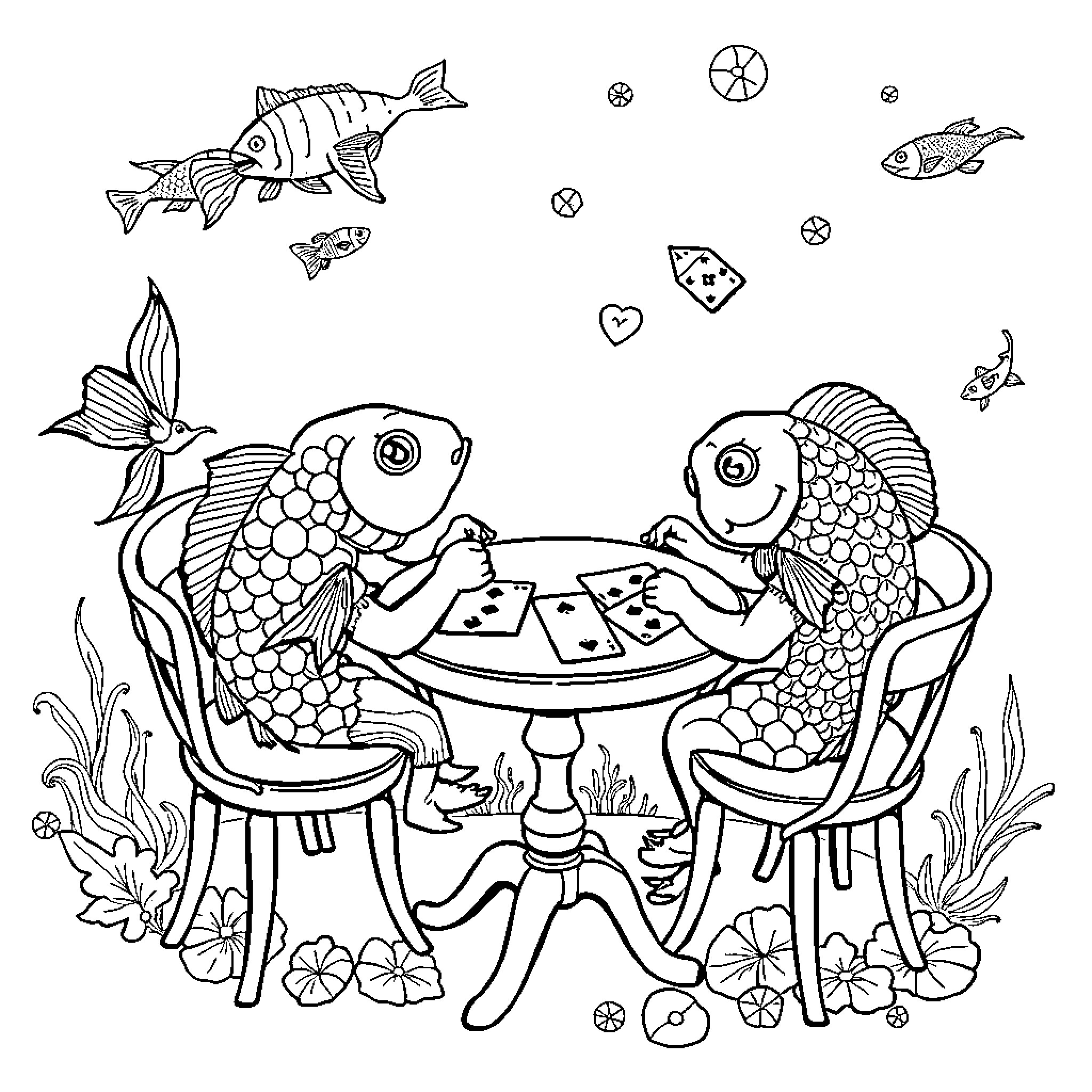Fish playing card game in underwater scene Coloring Page (free black-and-white line drawing printable PDF for all, from beginners to advanced learners, including children, teens, adults, and seniors)