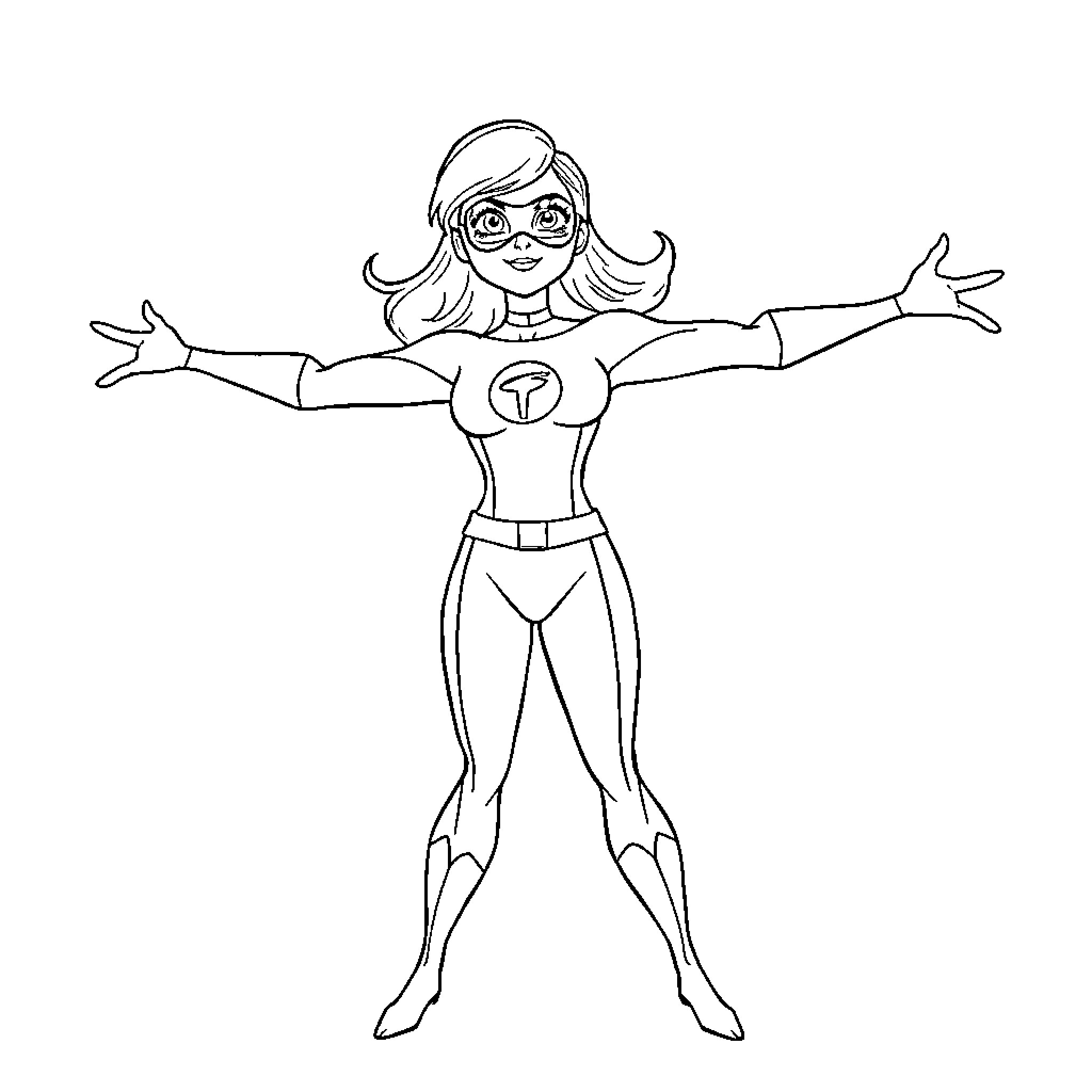 Elastigirl stretching out in superhero pose Coloring Page (free black-and-white line drawing printable PDF for all, from beginners to advanced learners, including children, teens, adults, and seniors)