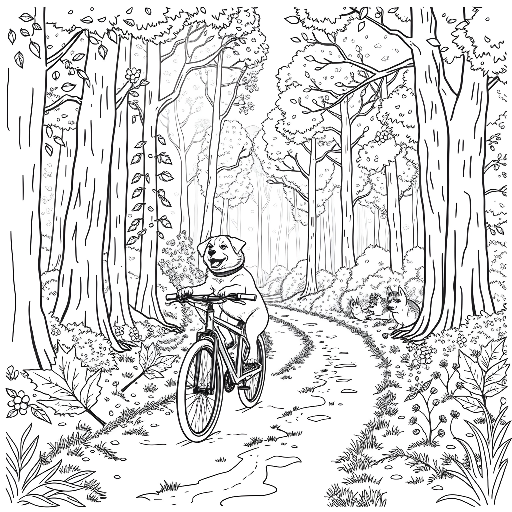 Dog biking through the forest Coloring Page (free black-and-white line drawing printable PDF for all, from beginners to advanced learners, including children, teens, adults, and seniors)