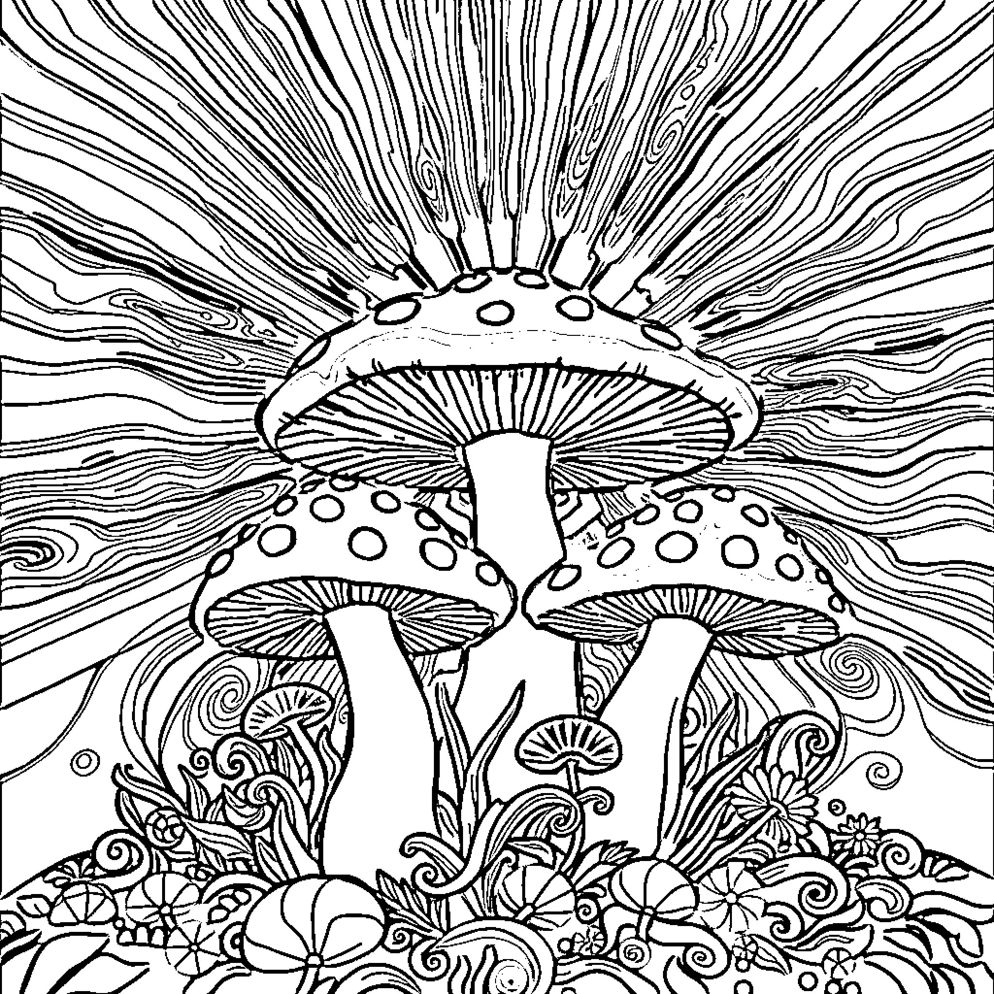Mushroom Wonderland Illustration Coloring Page (free black-and-white line drawing printable PDF for all, from beginners to advanced learners, including children, teens, adults, and seniors)
