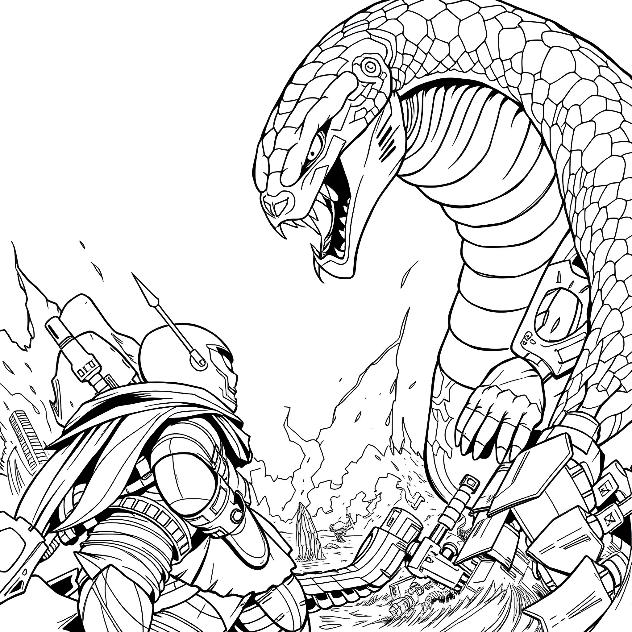 Serpentor confronts heavily armed soldier Coloring Page (free black-and-white line drawing printable PDF for all, from beginners to advanced learners, including children, teens, adults, and seniors)
