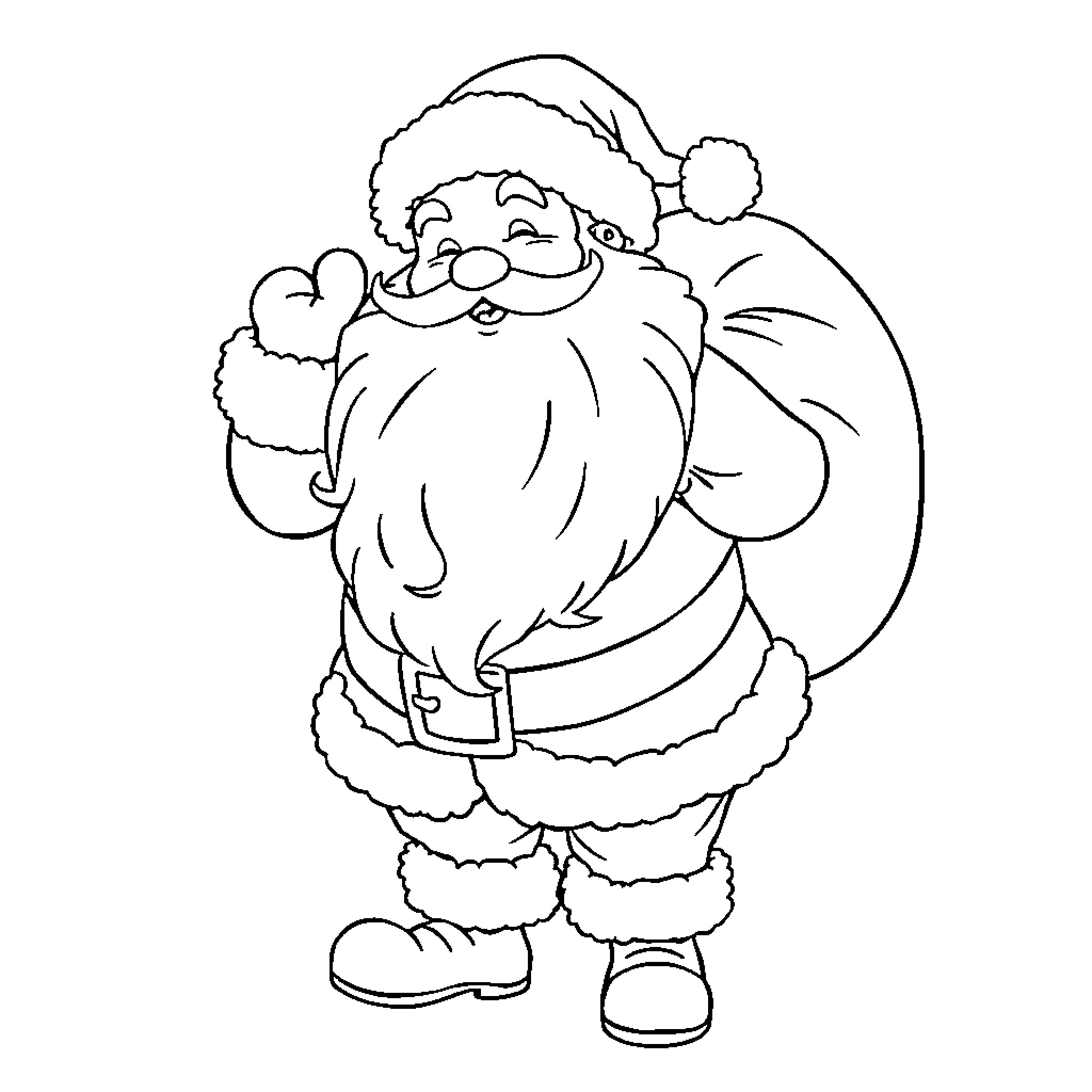 Santa waving with a sack Coloring Page (free black-and-white line drawing printable PDF for all, from beginners to advanced learners, including children, teens, adults, and seniors)