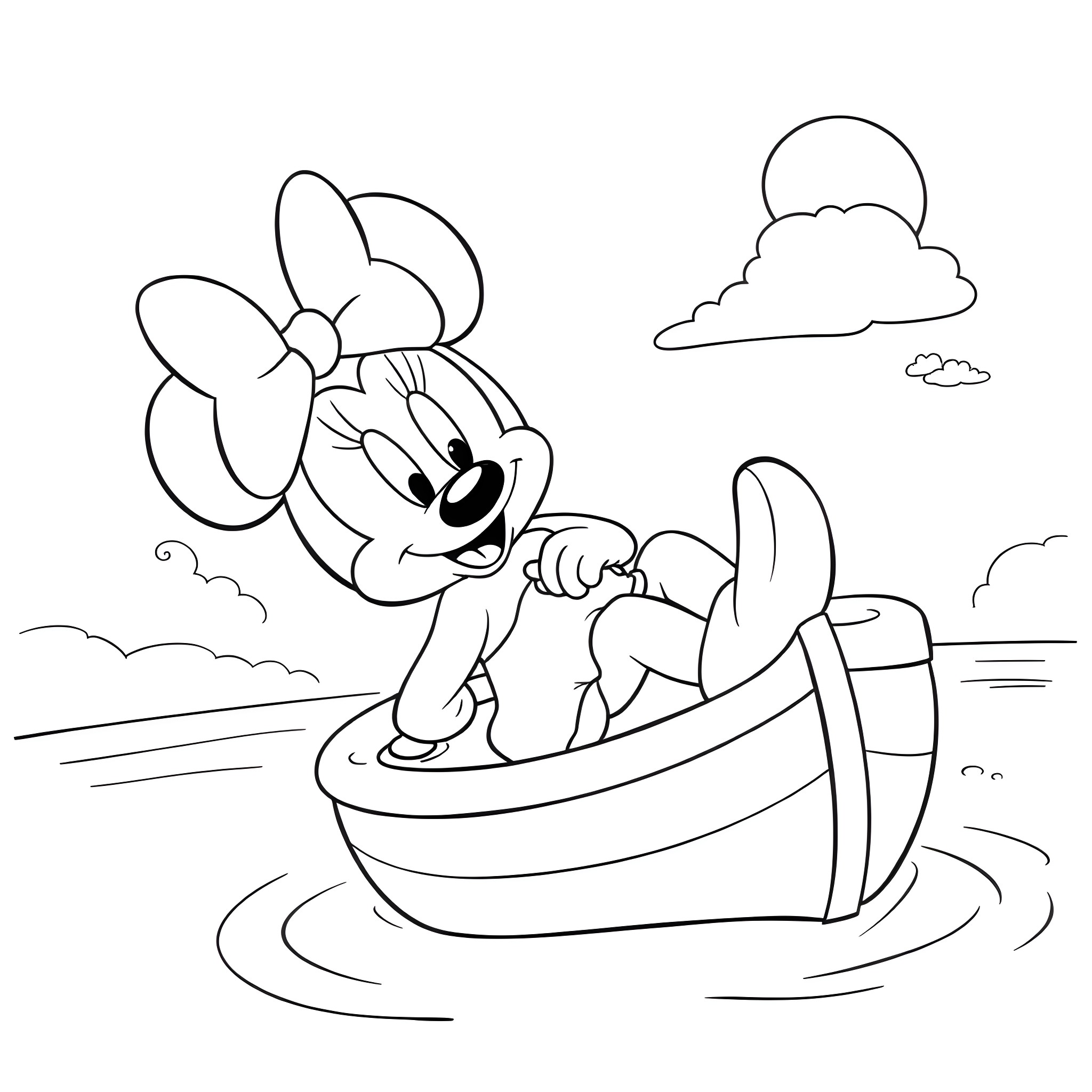 Minnie Mouse enjoying a boat ride in the park Coloring Page (free black-and-white line drawing printable PDF for all, from beginners to advanced learners, including children, teens, adults, and seniors)