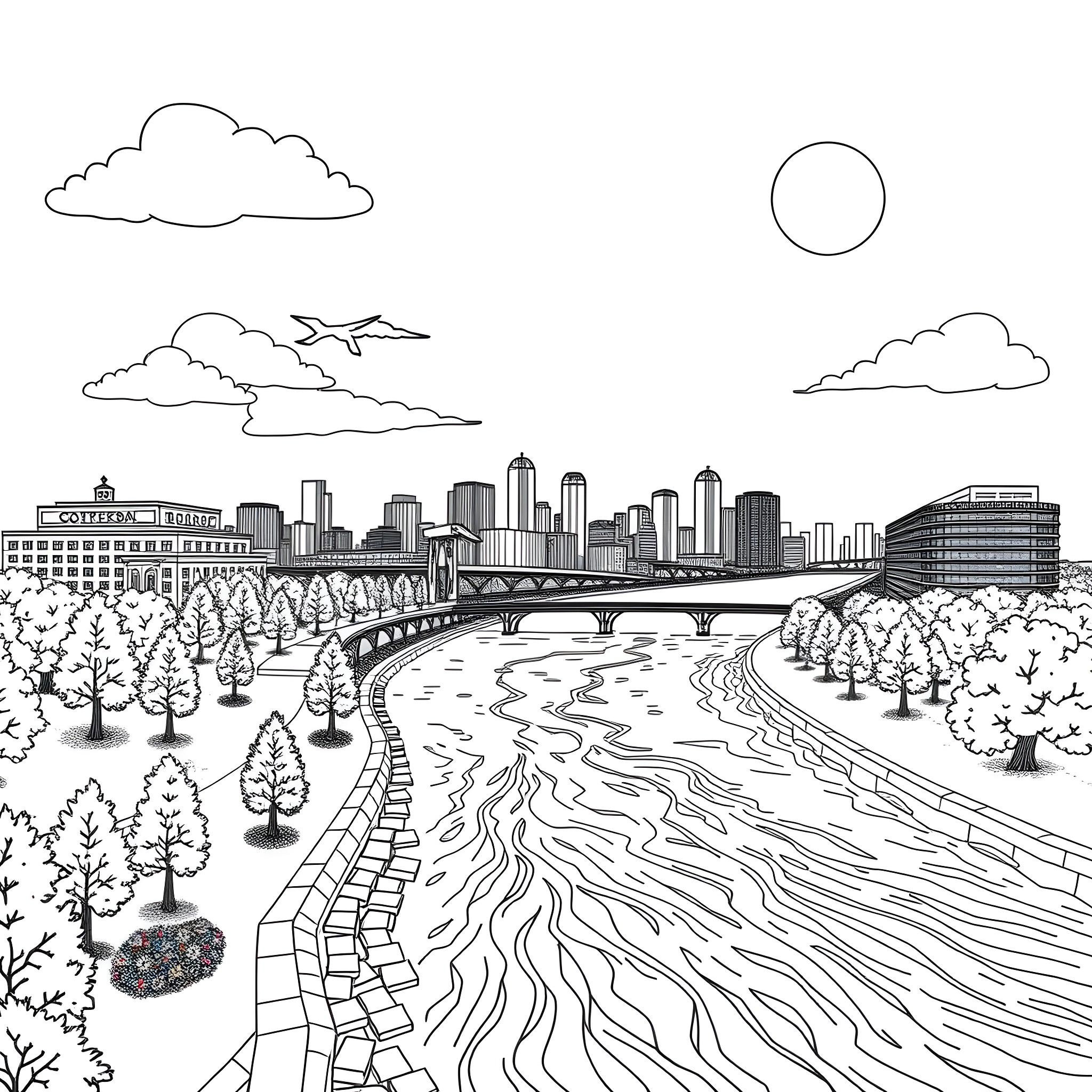 Windsor Cityscape with River and Trees Coloring Page (free black-and-white line drawing printable PDF for all, from beginners to advanced learners, including children, teens, adults, and seniors)