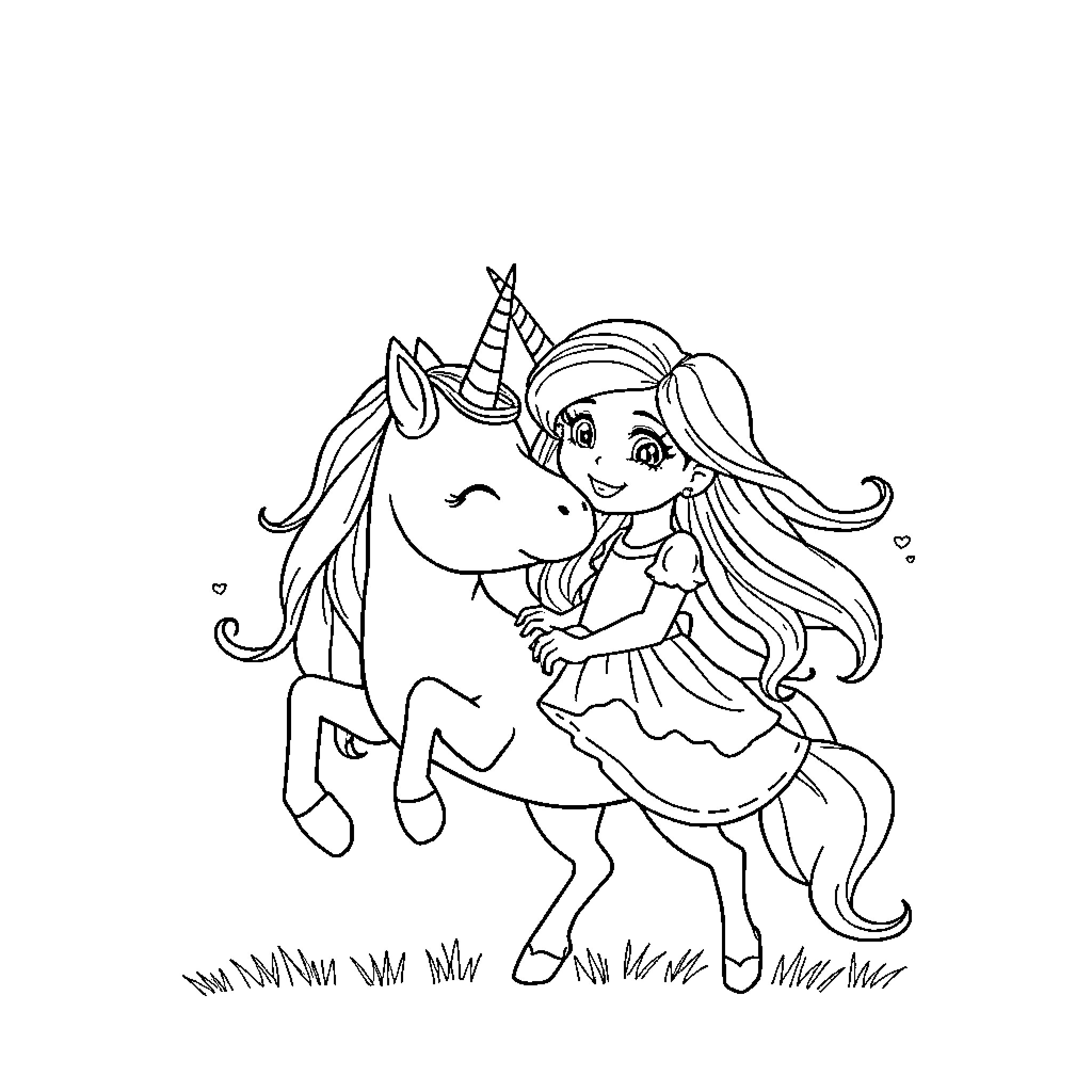 Unicorn and girl enjoying each other's company Coloring Page (free black-and-white line drawing printable PDF for all, from beginners to advanced learners, including children, teens, adults, and seniors)