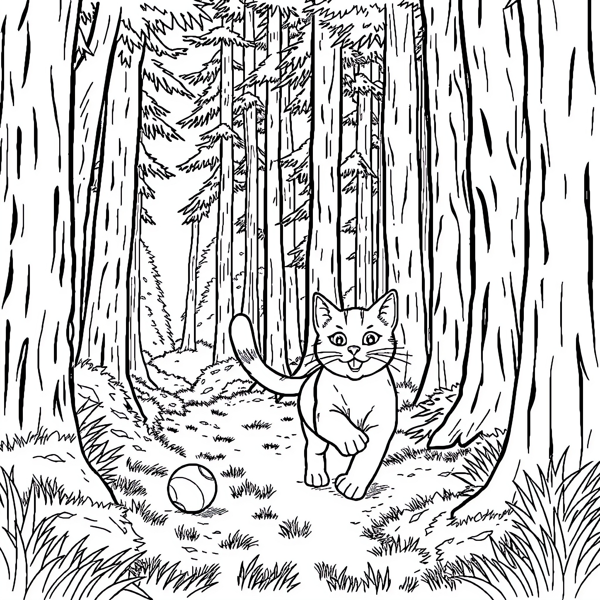 Cat exploring the enchanted forest Coloring Page (free black-and-white line drawing printable PDF for all, from beginners to advanced learners, including children, teens, adults, and seniors)