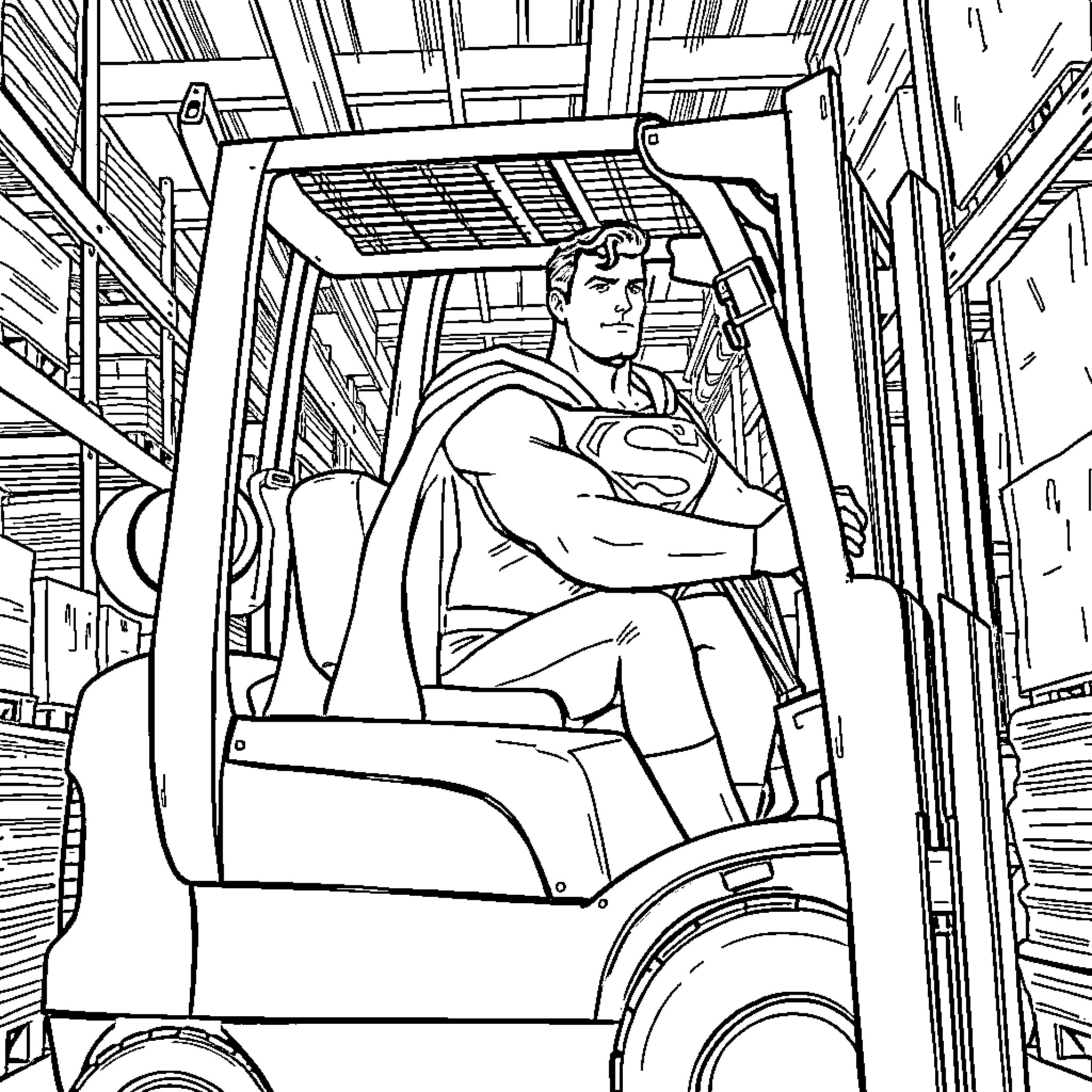 Superman operating a forklift in a warehouse Coloring Page (free black-and-white line drawing printable PDF for all, from beginners to advanced learners, including children, teens, adults, and seniors)
