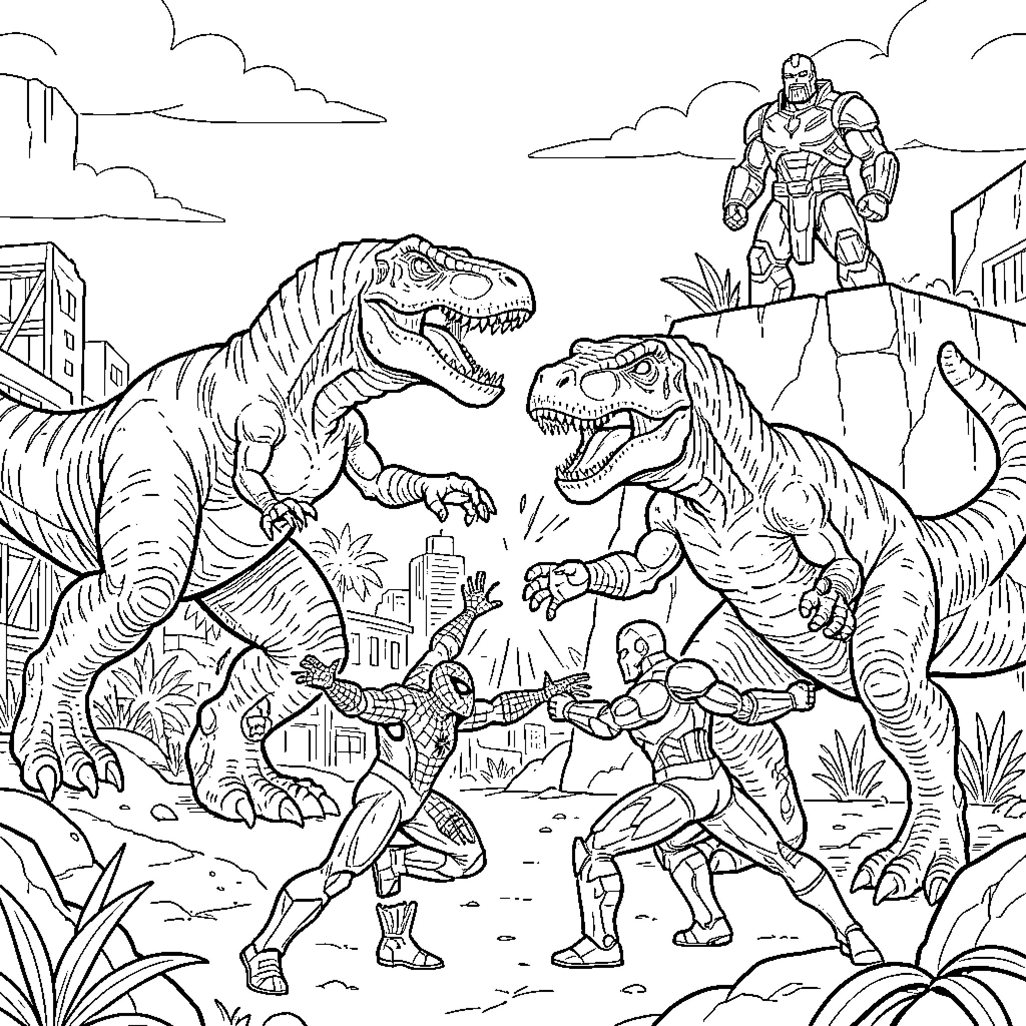 Dinosaur fighting superhero characters in a city scene Coloring Page (free black-and-white line drawing printable PDF for all, from beginners to advanced learners, including children, teens, adults, and seniors)