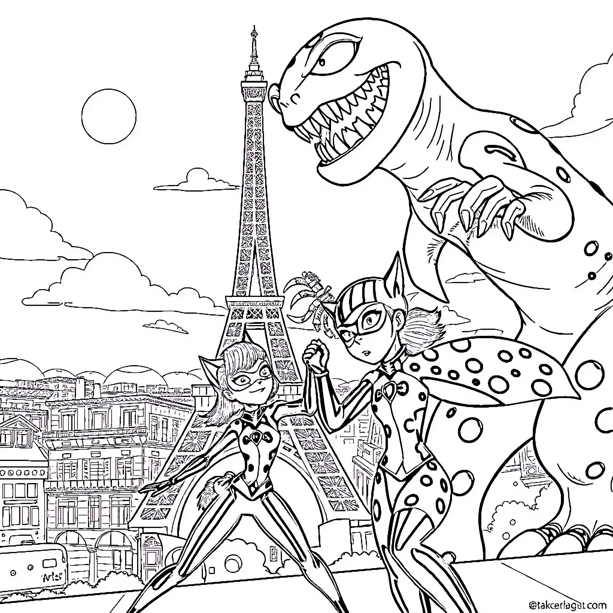 Ladybug exploring whimsical cityscape with dinosaur Coloring Page (free black-and-white line drawing printable PDF for all, from beginners to advanced learners, including children, teens, adults, and seniors)