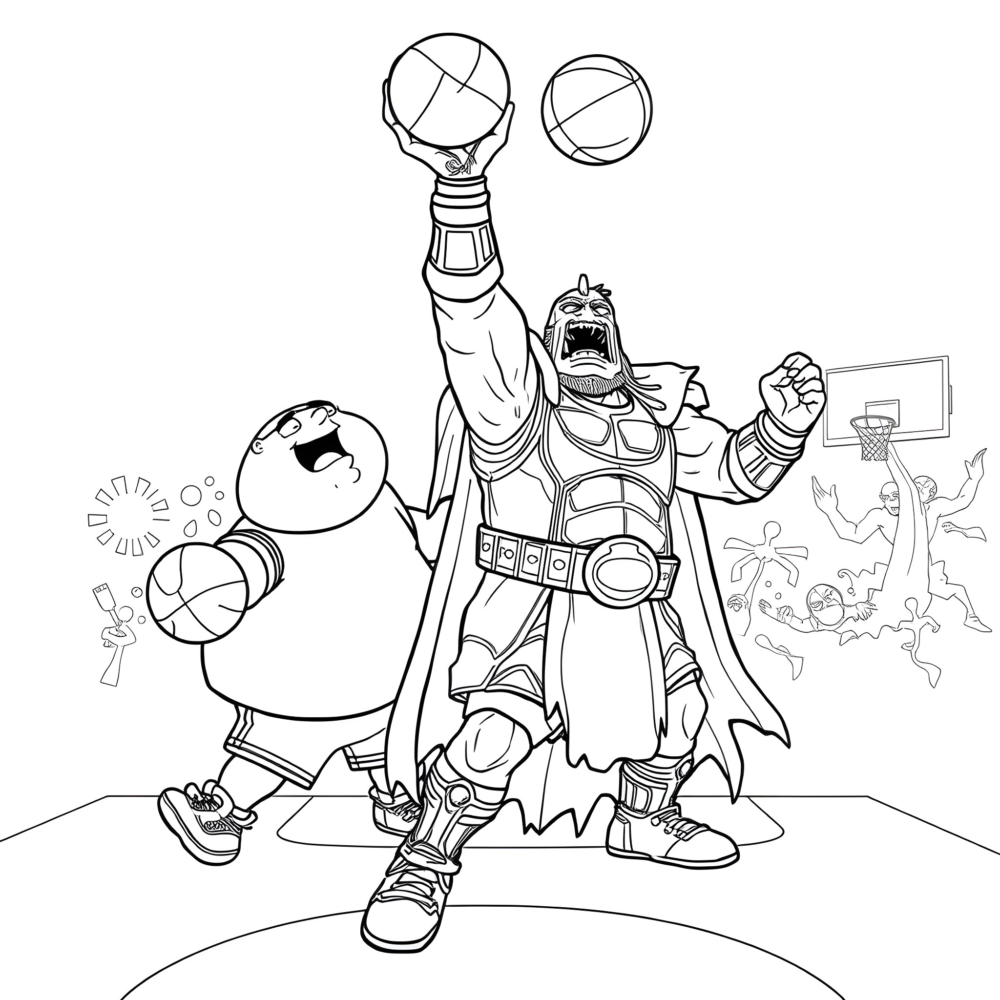Doomslayer's triumphant basketball victory Coloring Page (free black-and-white line drawing printable PDF for all, from beginners to advanced learners, including children, teens, adults, and seniors)