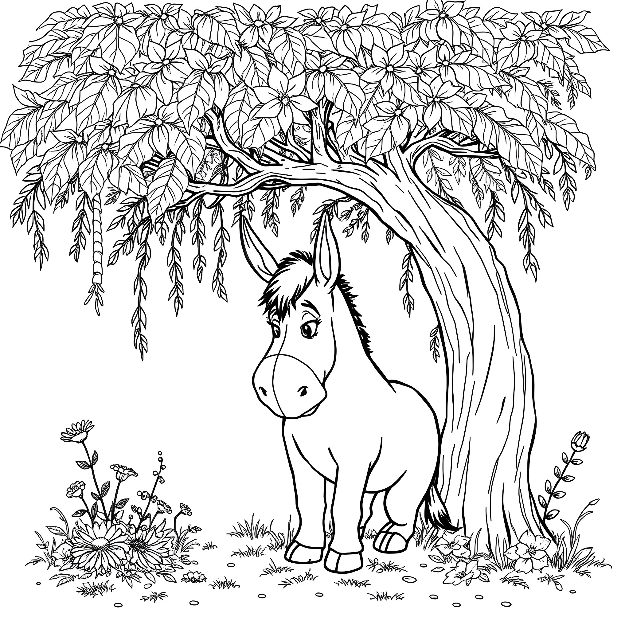 Eeyore resting under a lush tree Coloring Page (free black-and-white line drawing printable PDF for all, from beginners to advanced learners, including children, teens, adults, and seniors)