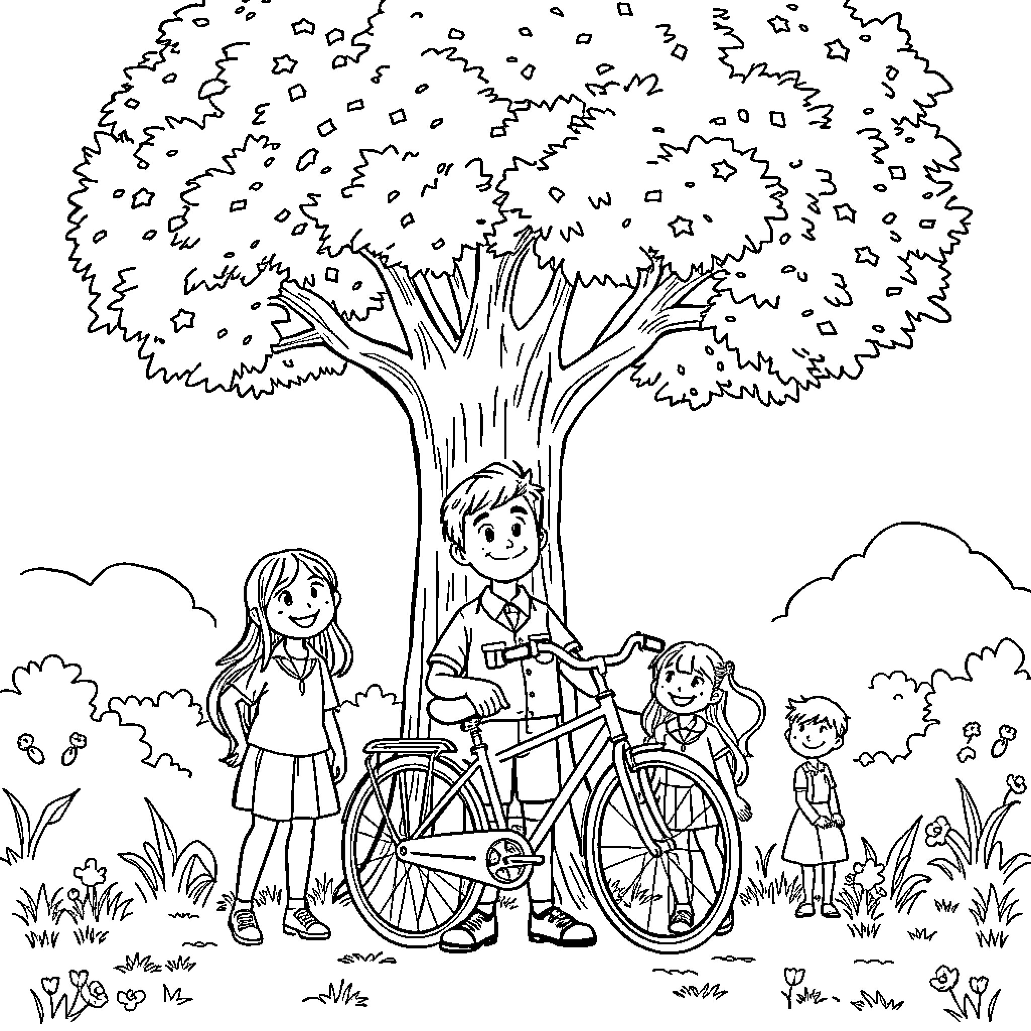 Boy Enjoys Outdoor Adventure with Family Coloring Page (free black-and-white line drawing printable PDF for all, from beginners to advanced learners, including children, teens, adults, and seniors)