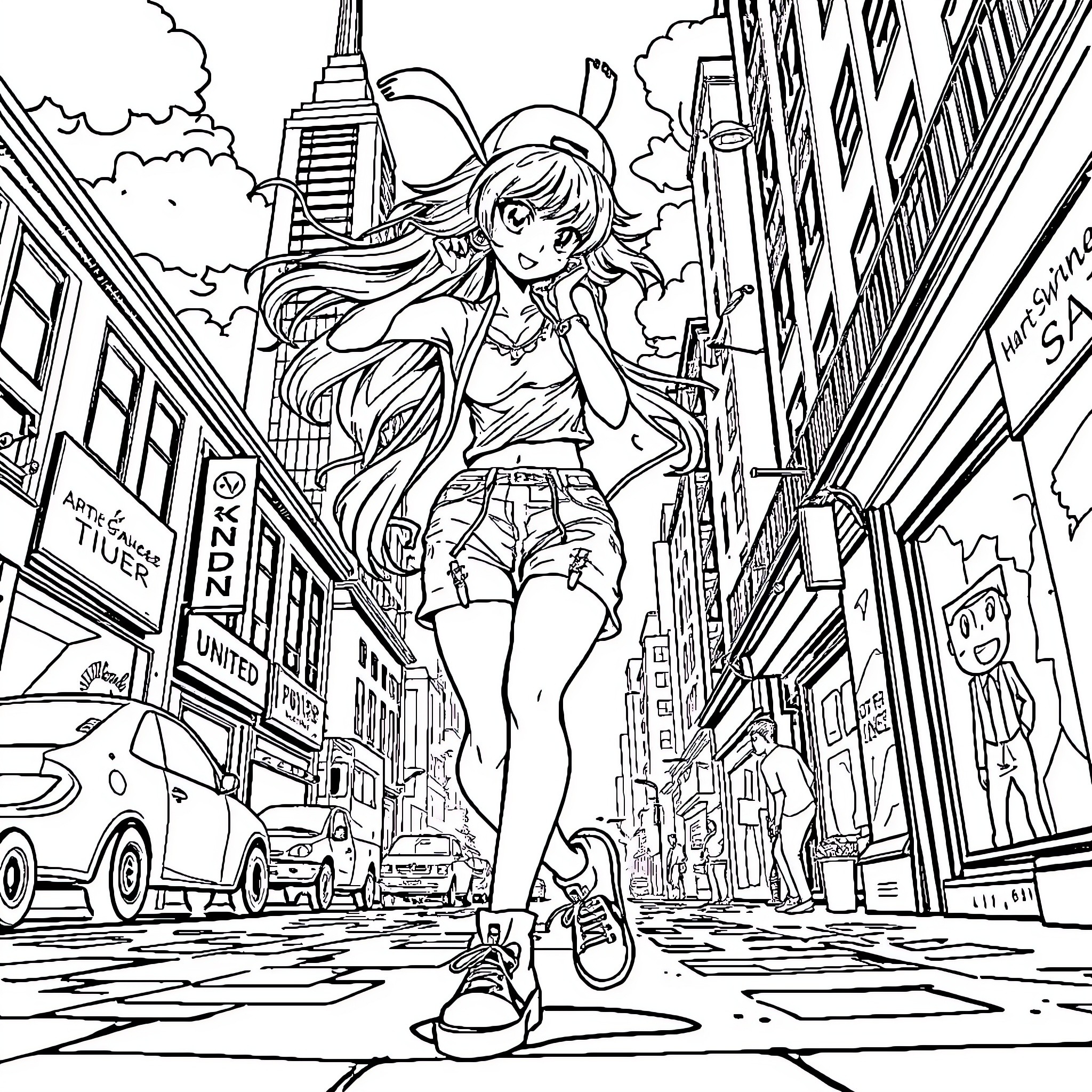 Anime Girl Walking Confidently Through the City Coloring Page (free black-and-white line drawing printable PDF for all, from beginners to advanced learners, including children, teens, adults, and seniors)