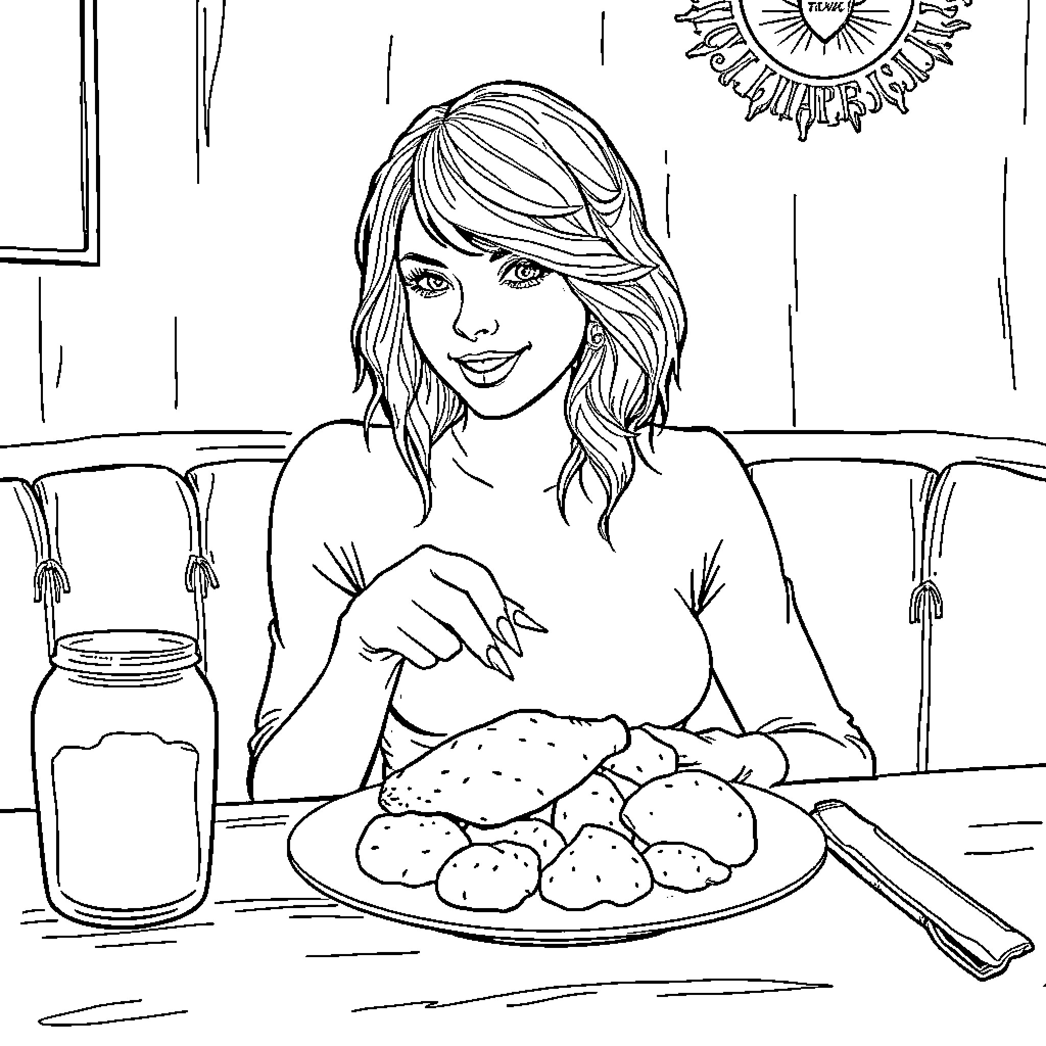 Taylor Swift cooking homemade baked goods Coloring Page (free black-and-white line drawing printable PDF for all, from beginners to advanced learners, including children, teens, adults, and seniors)
