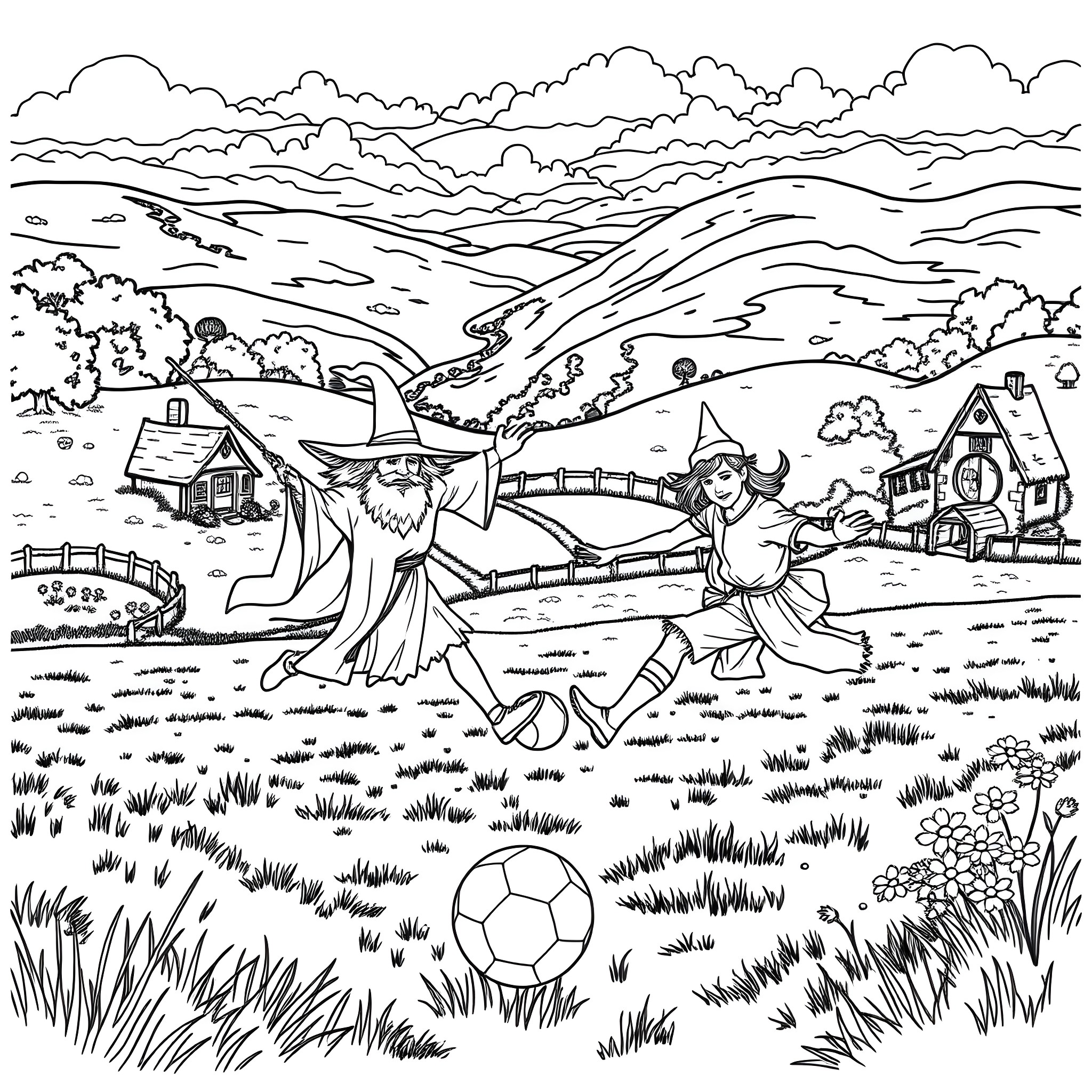 Gandalf's Playful Game in the Countryside Coloring Page (free black-and-white line drawing printable PDF for all, from beginners to advanced learners, including children, teens, adults, and seniors)