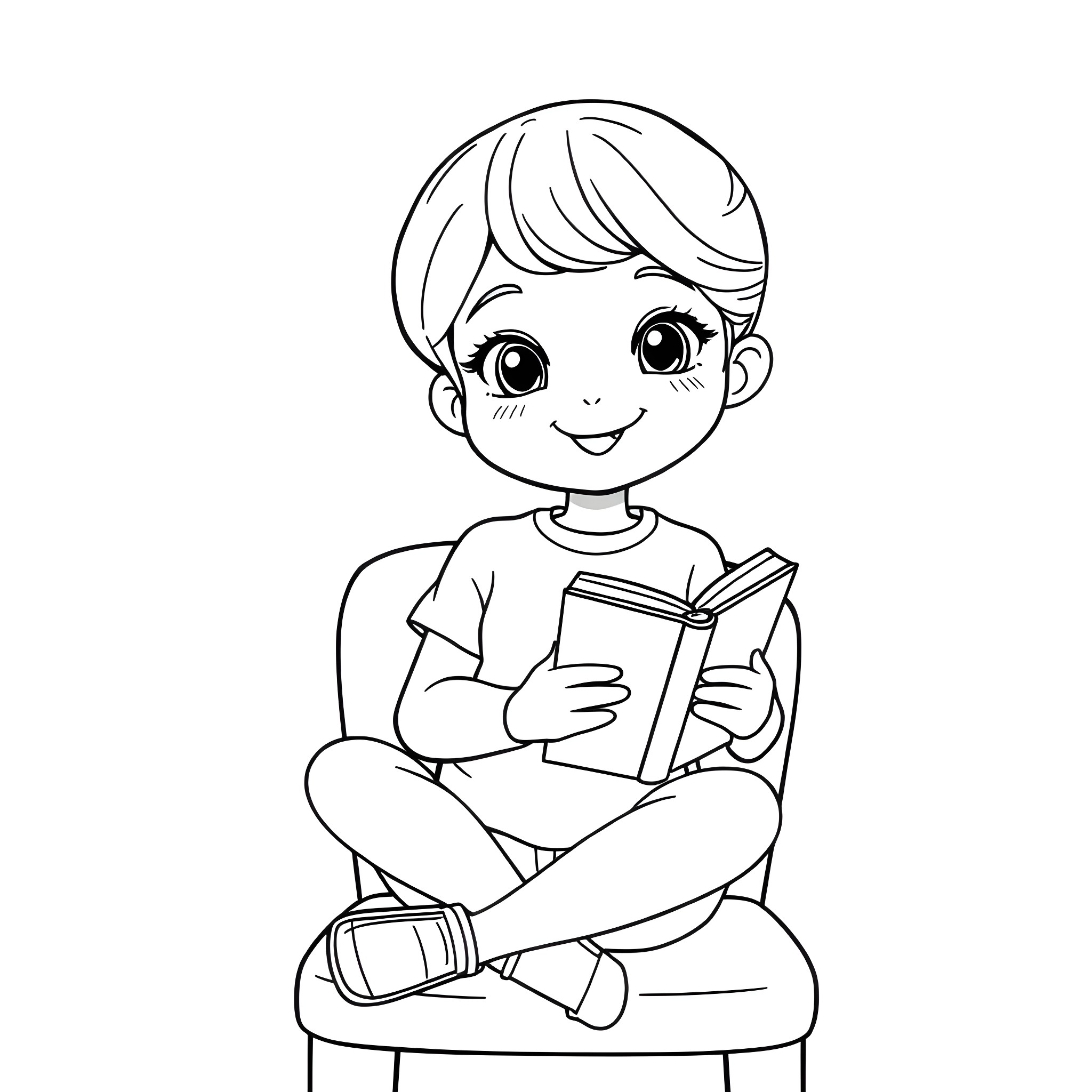 Girl reading a book happily Coloring Page (free black-and-white line drawing printable PDF for all, from beginners to advanced learners, including children, teens, adults, and seniors)