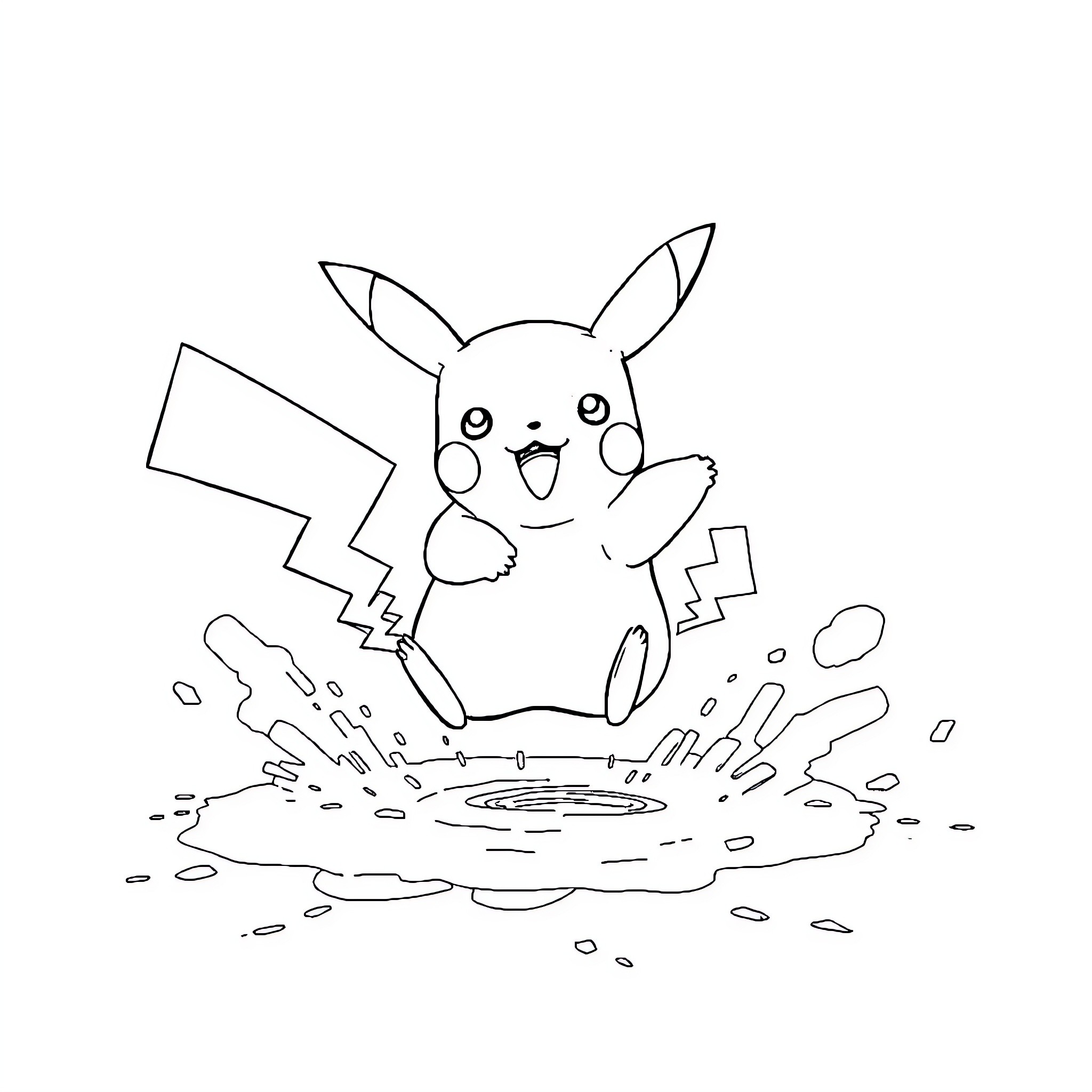 Pikachu splashing happily in a puddle Coloring Page (free black-and-white line drawing printable PDF for all, from beginners to advanced learners, including children, teens, adults, and seniors)