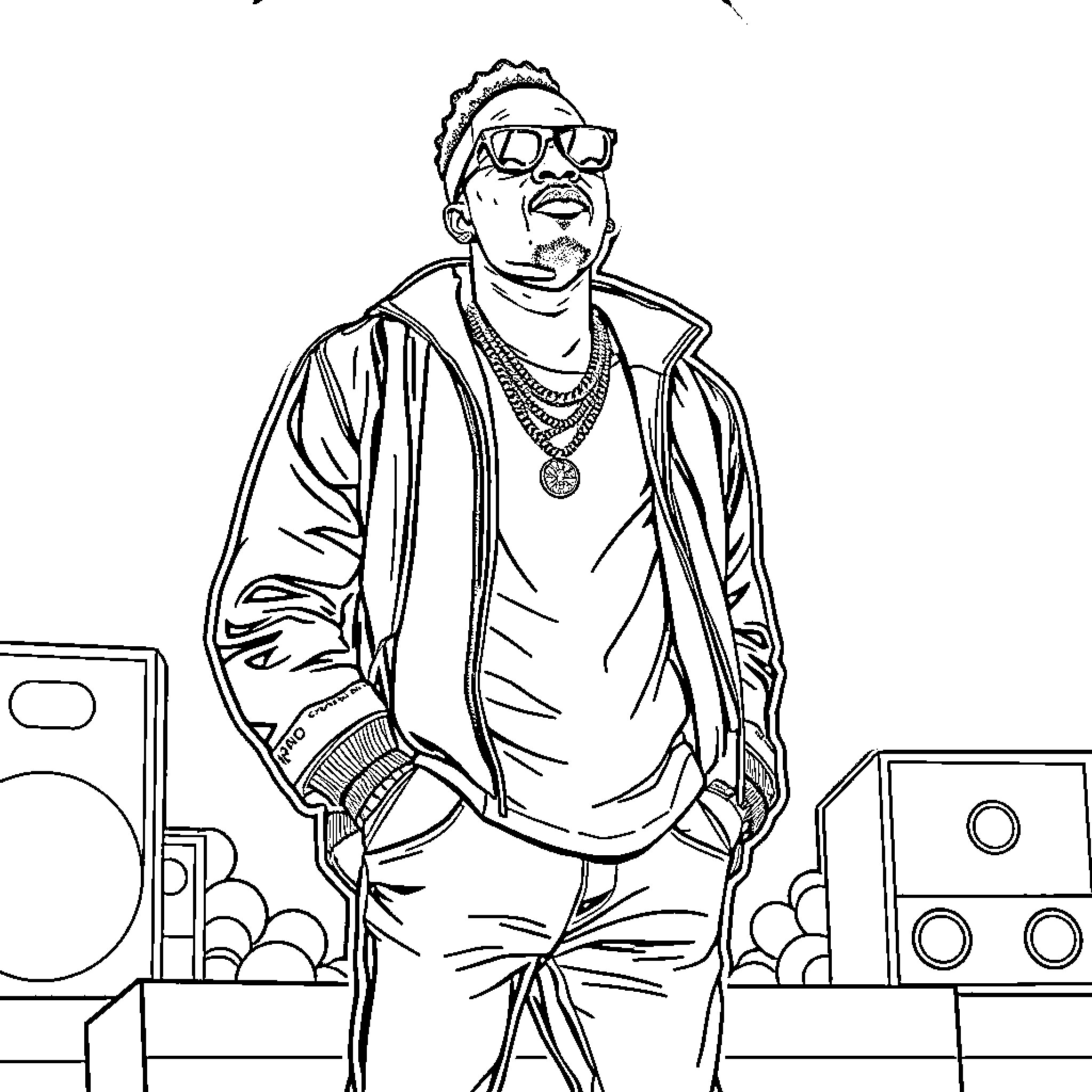 Kodak Black posing confidently in hip-hop attire Coloring Page (free black-and-white line drawing printable PDF for all, from beginners to advanced learners, including children, teens, adults, and seniors)