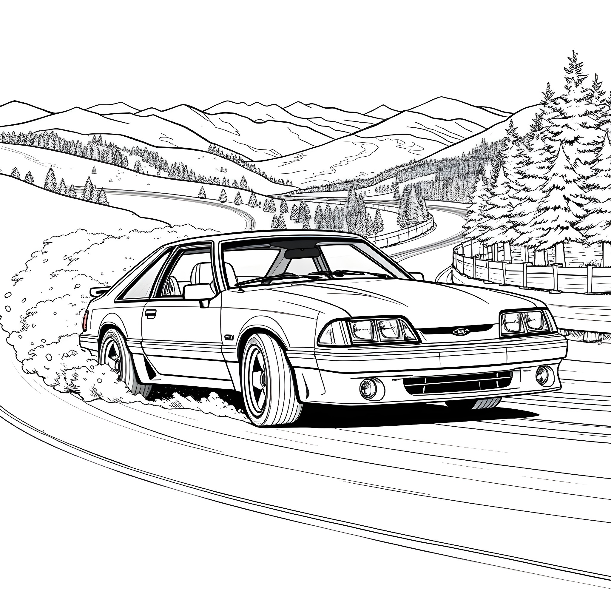 Mustang speeding through scenic mountain landscape Coloring Page (free black-and-white line drawing printable PDF for all, from beginners to advanced learners, including children, teens, adults, and seniors)