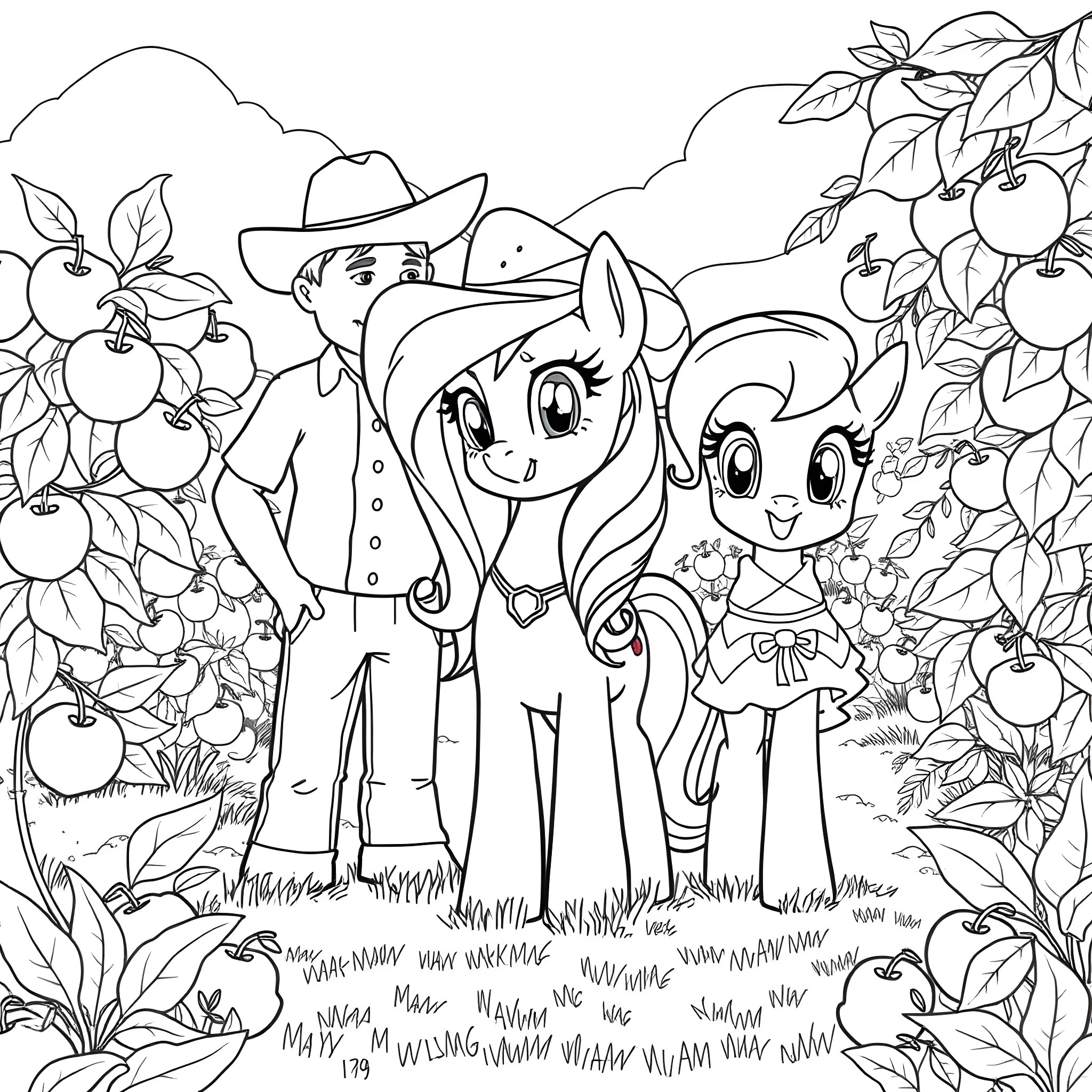 Applejack and friends explore the apple orchard Coloring Page (free black-and-white line drawing printable PDF for all, from beginners to advanced learners, including children, teens, adults, and seniors)