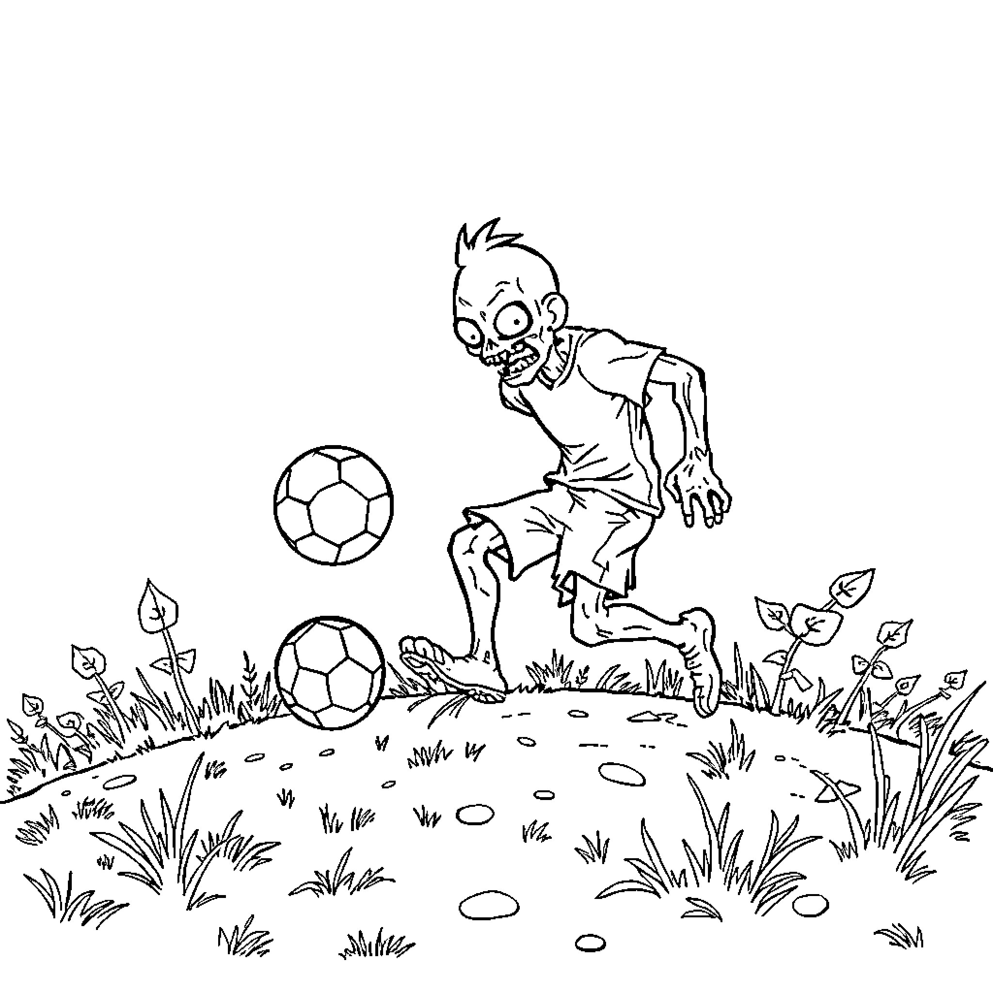 Zombie soccer player on the field Coloring Page (free black-and-white line drawing printable PDF for all, from beginners to advanced learners, including children, teens, adults, and seniors)