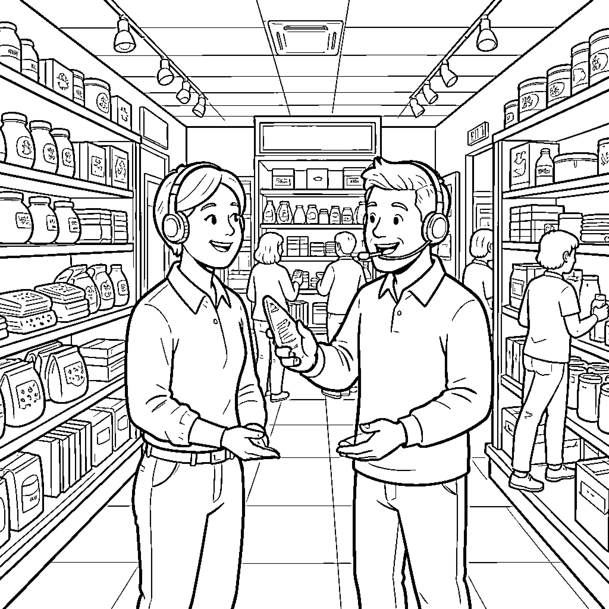 Customer Service Agents Assisting Customers in Grocery Store Coloring Page (free black-and-white line drawing printable PDF for all, from beginners to advanced learners, including children, teens, adults, and seniors)