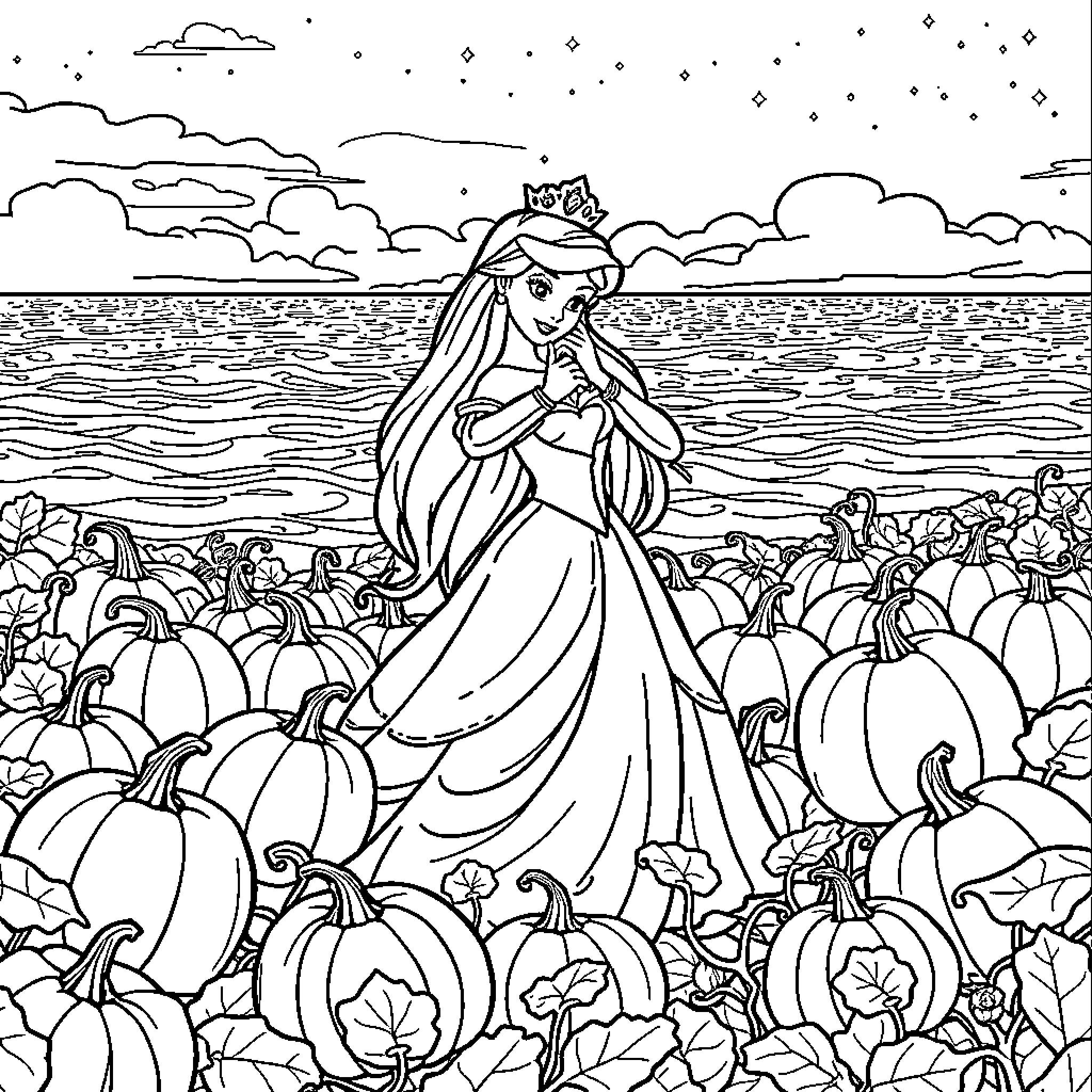 Princess Surrounded by Enchanting Pumpkins Coloring Page (free black-and-white line drawing printable PDF for all, from beginners to advanced learners, including children, teens, adults, and seniors)