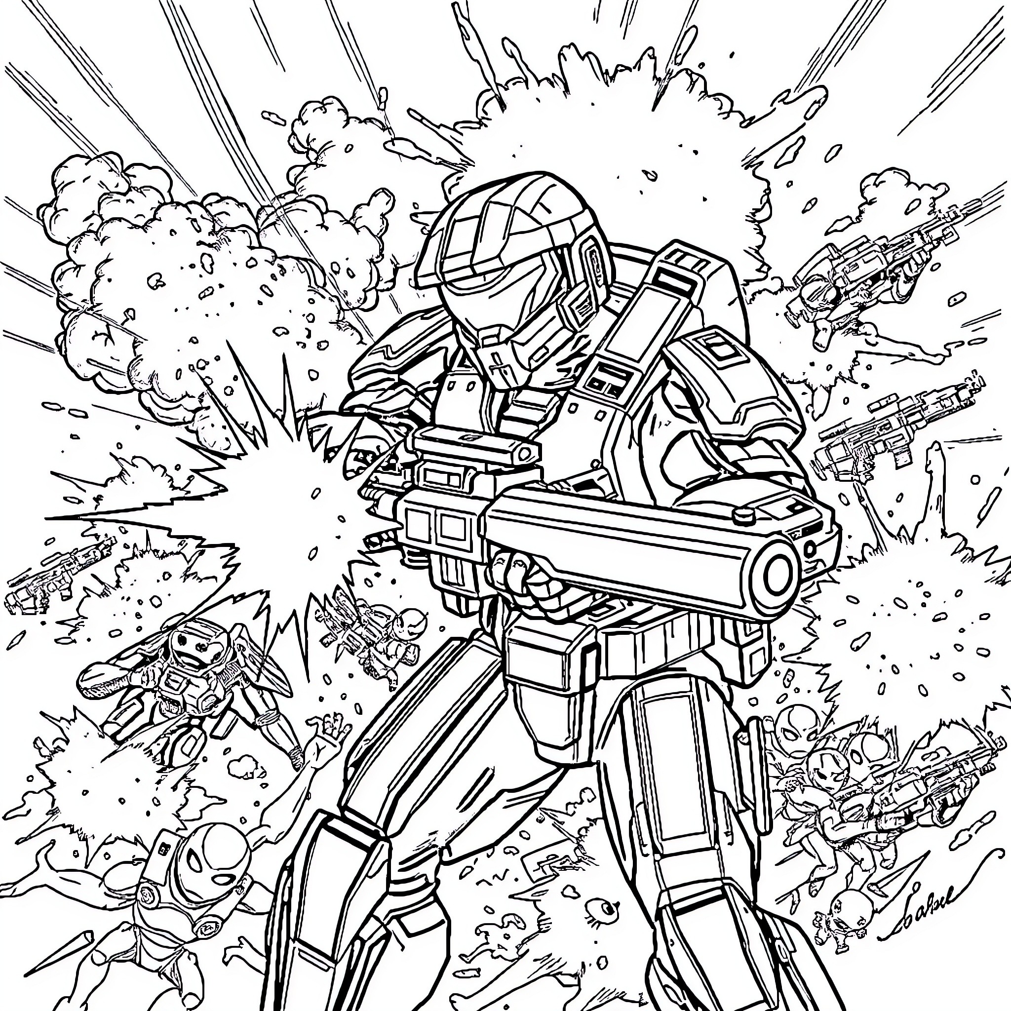 Master Chief in Intense Battle Amid Explosions Coloring Page (free black-and-white line drawing printable PDF for all, from beginners to advanced learners, including children, teens, adults, and seniors)