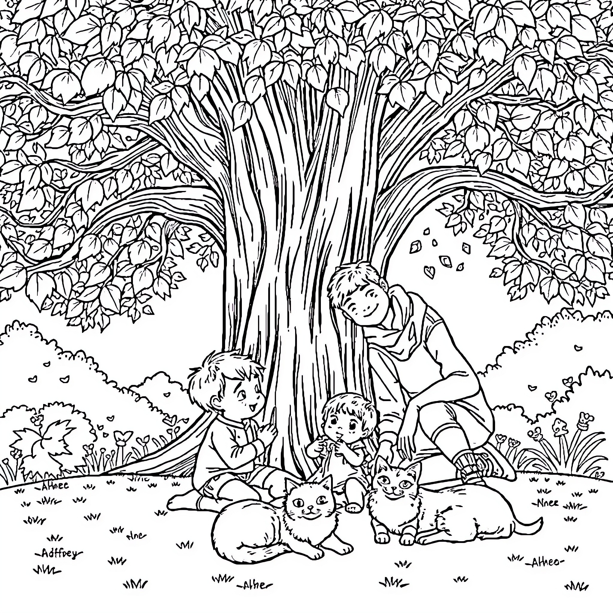 Family enjoying a picnic in a lush garden Coloring Page (free black-and-white line drawing printable PDF for all, from beginners to advanced learners, including children, teens, adults, and seniors)