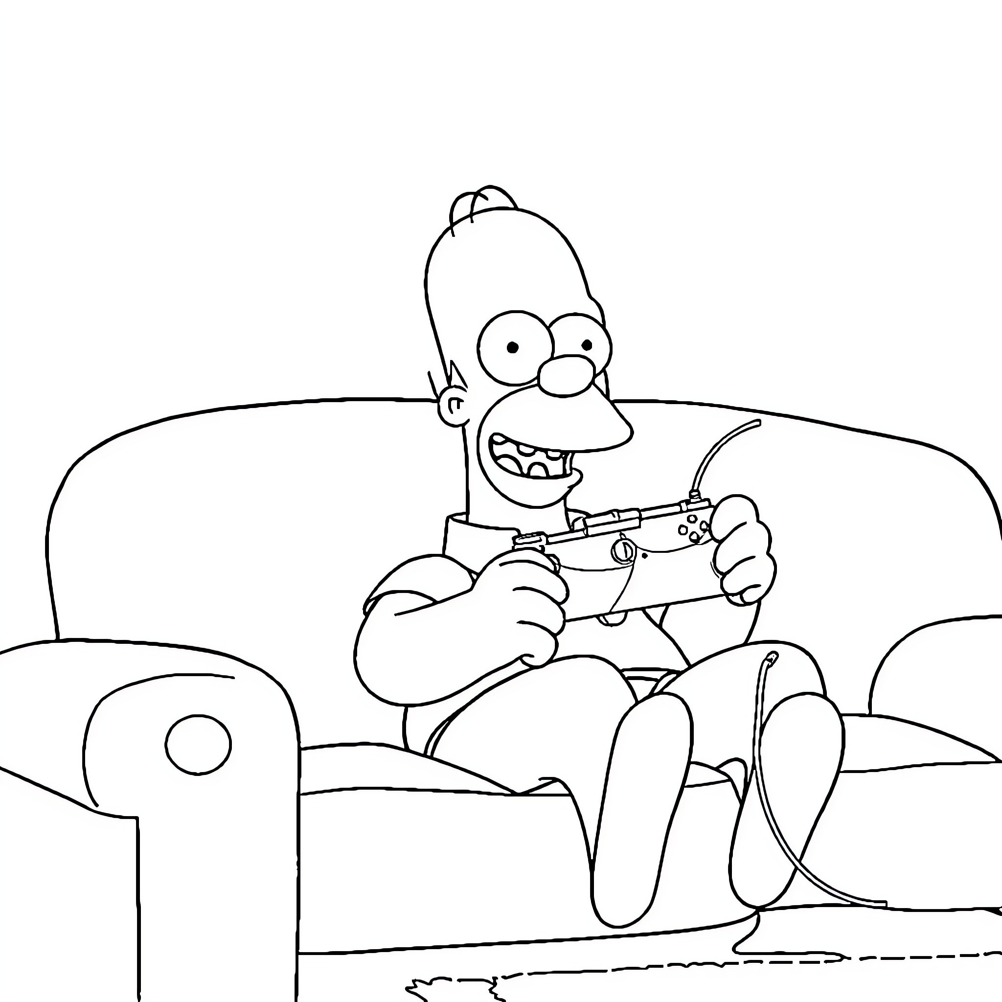 Homer Simpson playing video games on the couch Coloring Page (free black-and-white line drawing printable PDF for all, from beginners to advanced learners, including children, teens, adults, and seniors)