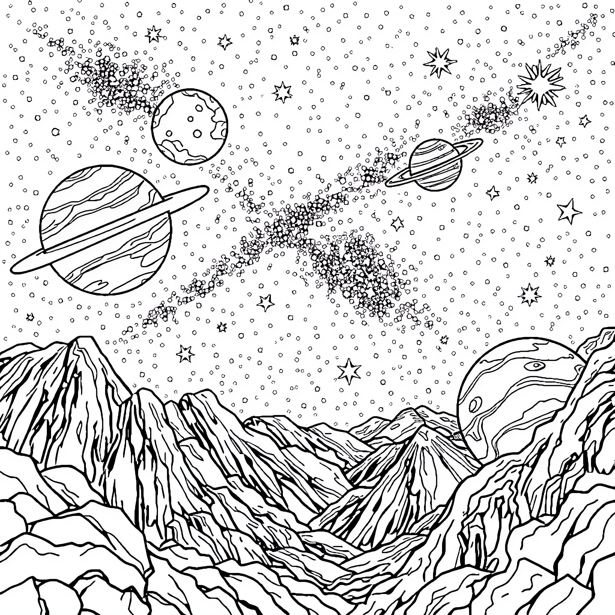 Universe of Celestial Wonders Coloring Page (free black-and-white line drawing printable PDF for all, from beginners to advanced learners, including children, teens, adults, and seniors)