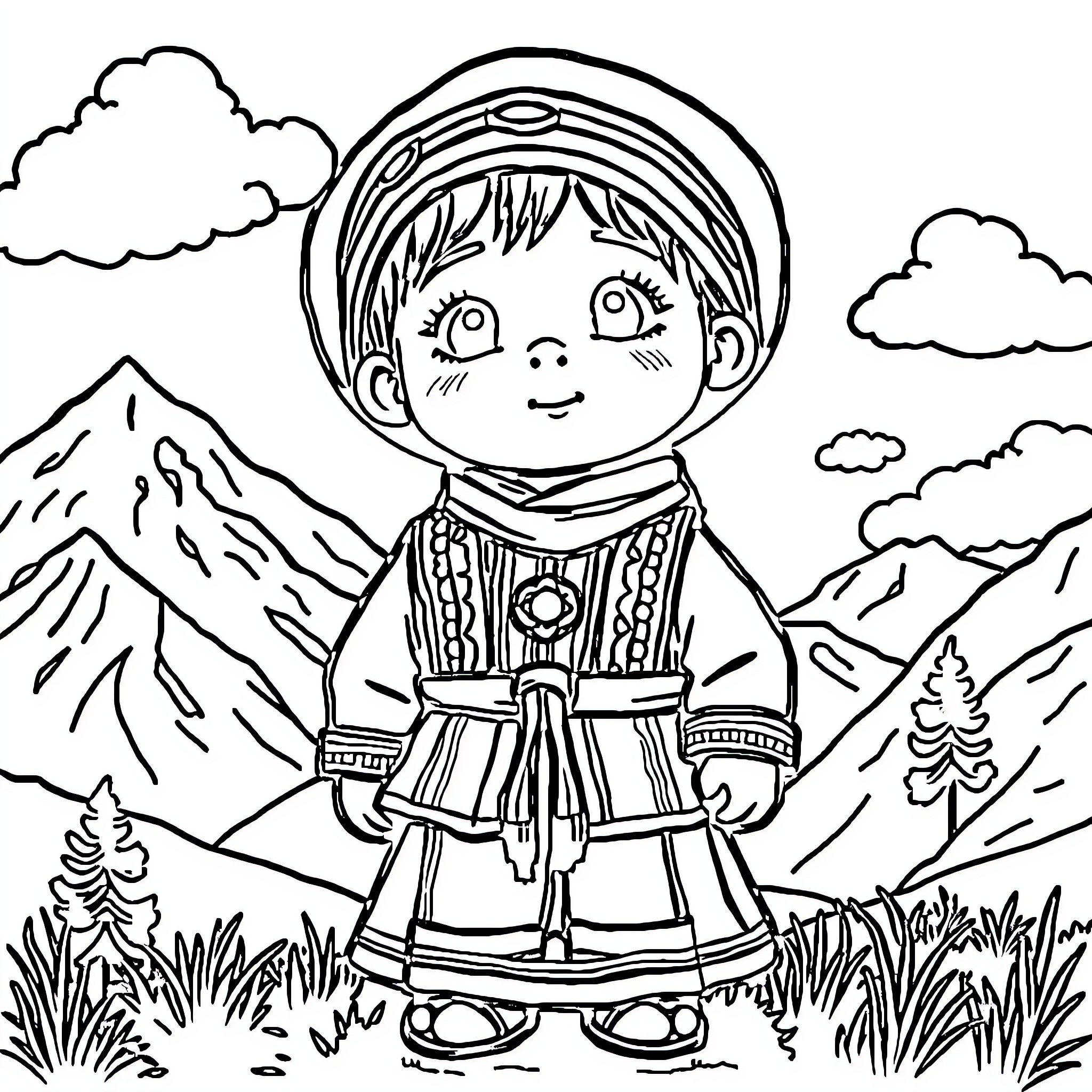 Niño dressed in traditional attire exploring the mountains Coloring Page (free black-and-white line drawing printable PDF for all, from beginners to advanced learners, including children, teens, adults, and seniors)