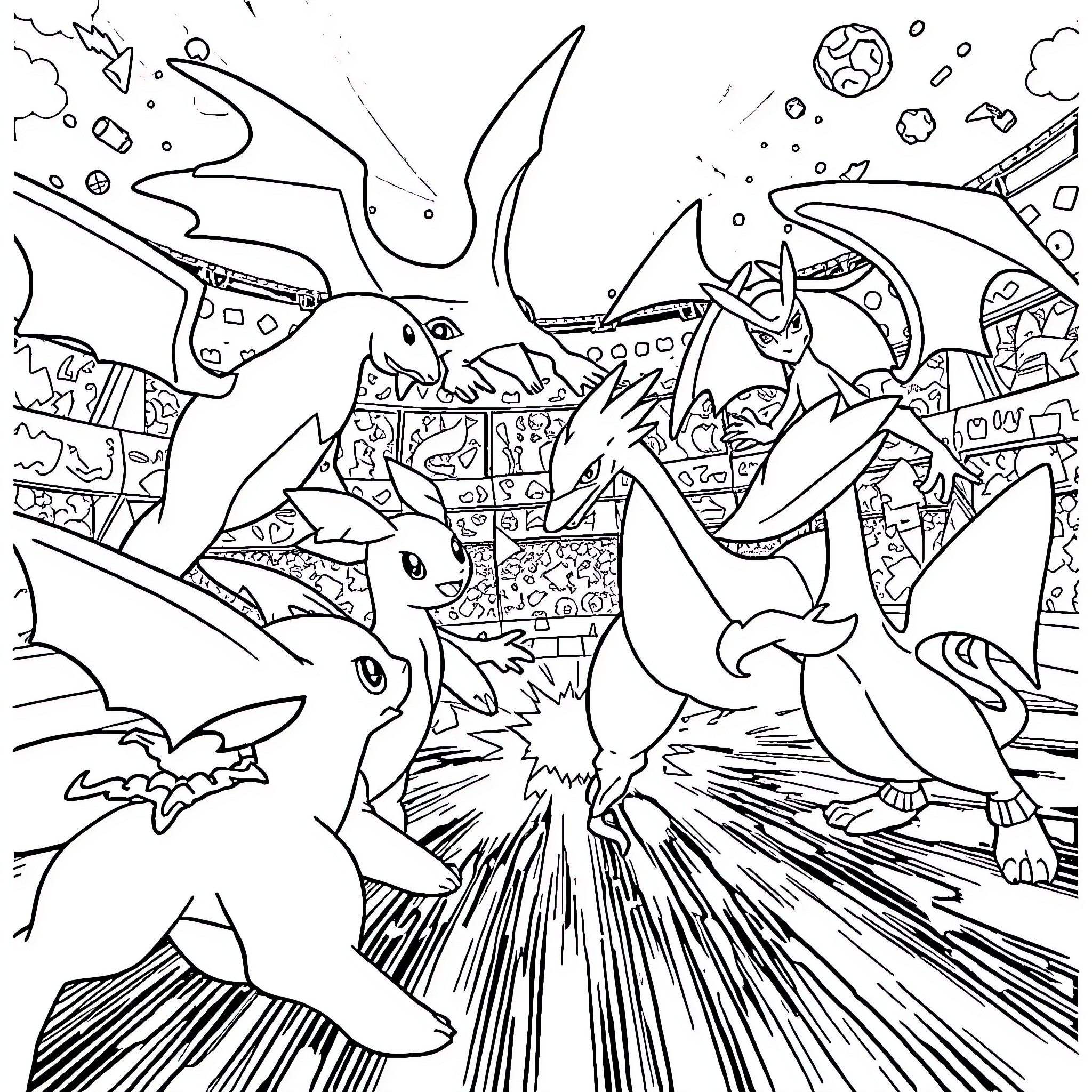 Pokémon Chaotic Battle in the Skies Coloring Page (free black-and-white line drawing printable PDF for all, from beginners to advanced learners, including children, teens, adults, and seniors)