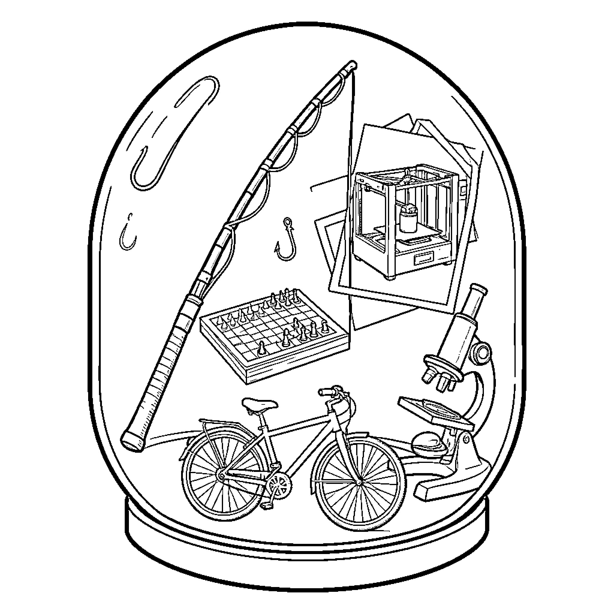 Capsule containing scientific instruments and equipment Coloring Page (free black-and-white line drawing printable PDF for all, from beginners to advanced learners, including children, teens, adults, and seniors)