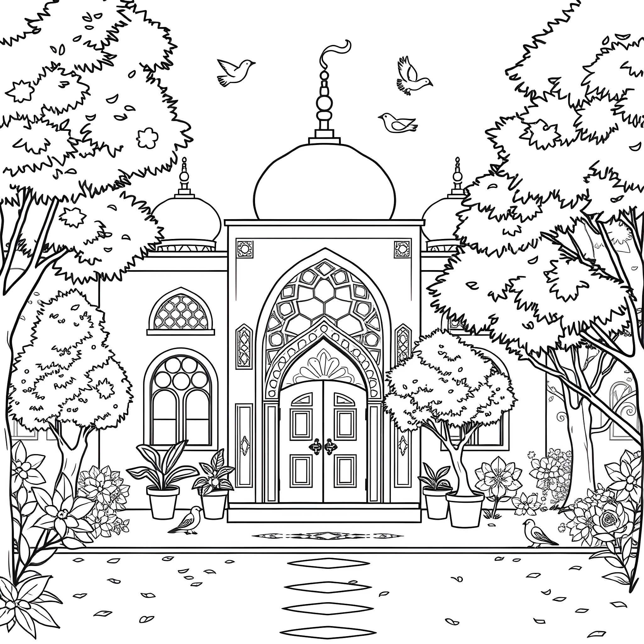 Orphanage of Islamic Architecture with Lush Vegetation Coloring Page (free black-and-white line drawing printable PDF for all, from beginners to advanced learners, including children, teens, adults, and seniors)