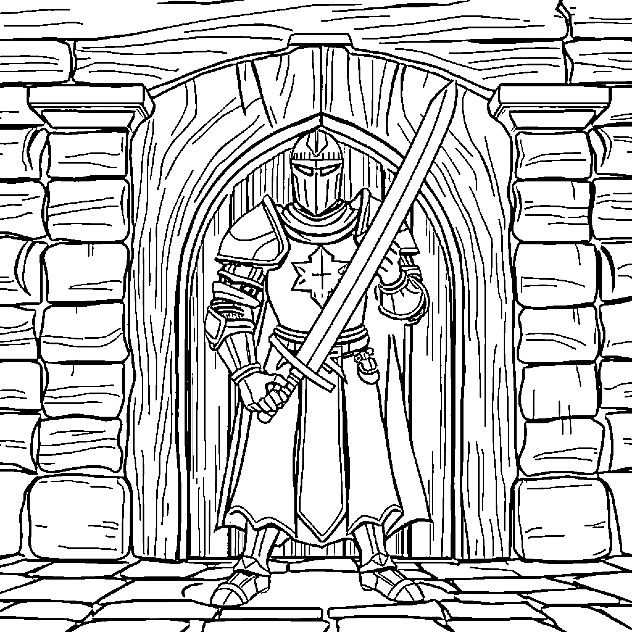 Knight guarding the castle entrance Coloring Page (free black-and-white line drawing printable PDF for all, from beginners to advanced learners, including children, teens, adults, and seniors)