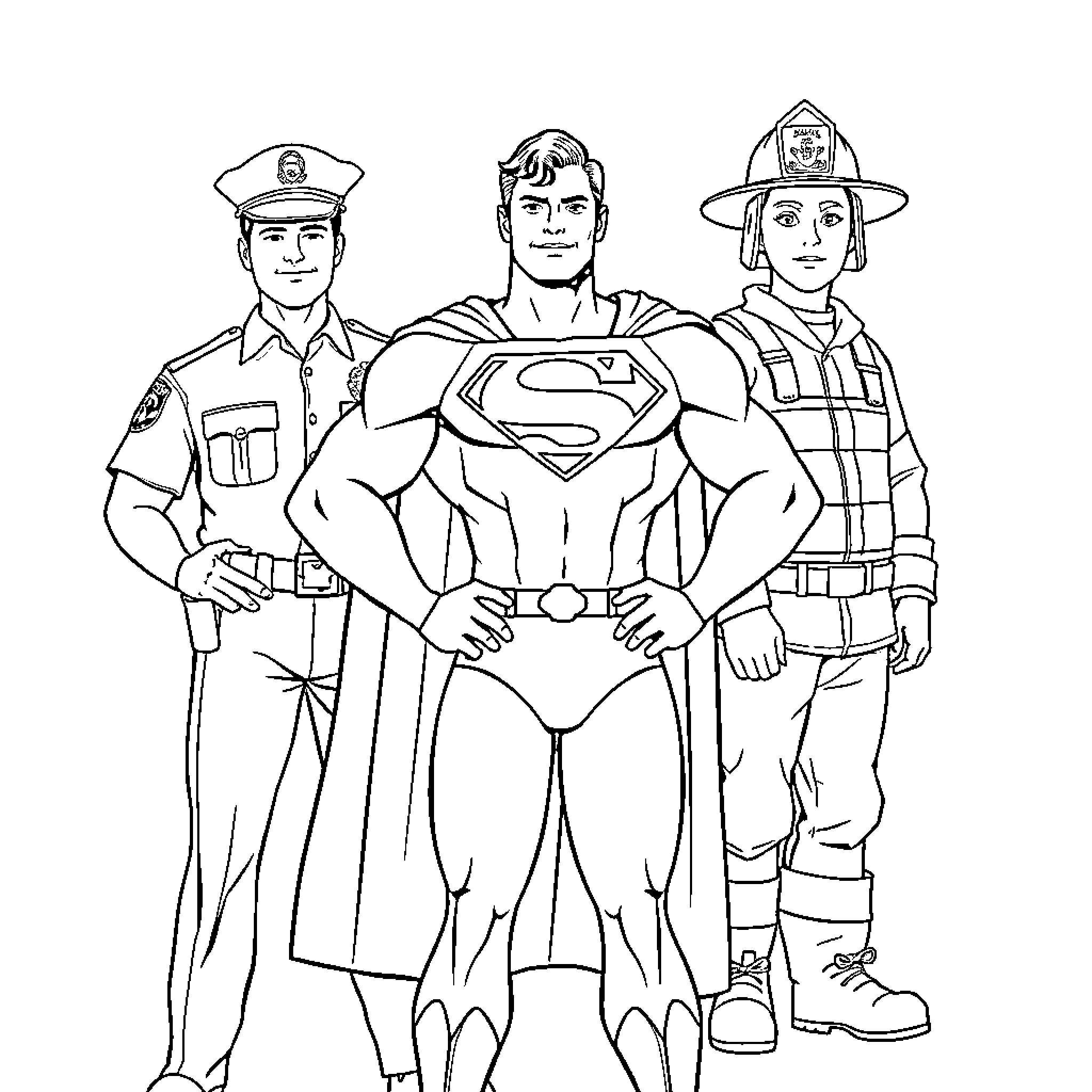Superman protects the community with police and firefighters Coloring Page (free black-and-white line drawing printable PDF for all, from beginners to advanced learners, including children, teens, adults, and seniors)