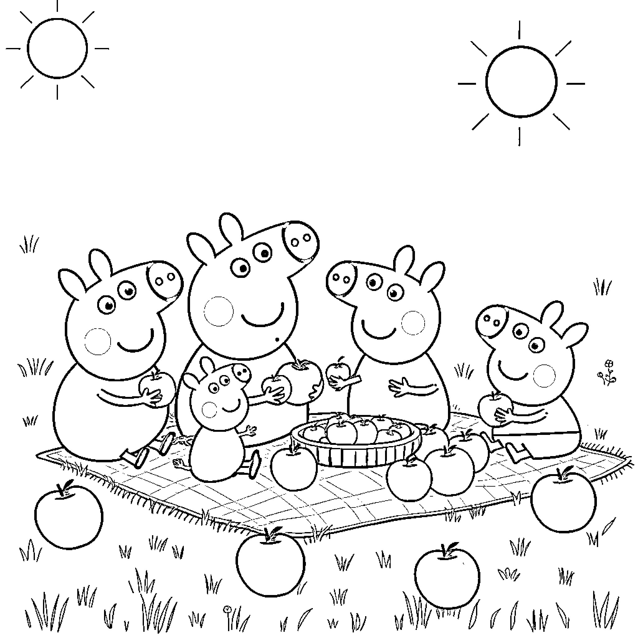Peppa Pig family having a picnic outdoors Coloring Page (free black-and-white line drawing printable PDF for all, from beginners to advanced learners, including children, teens, adults, and seniors)