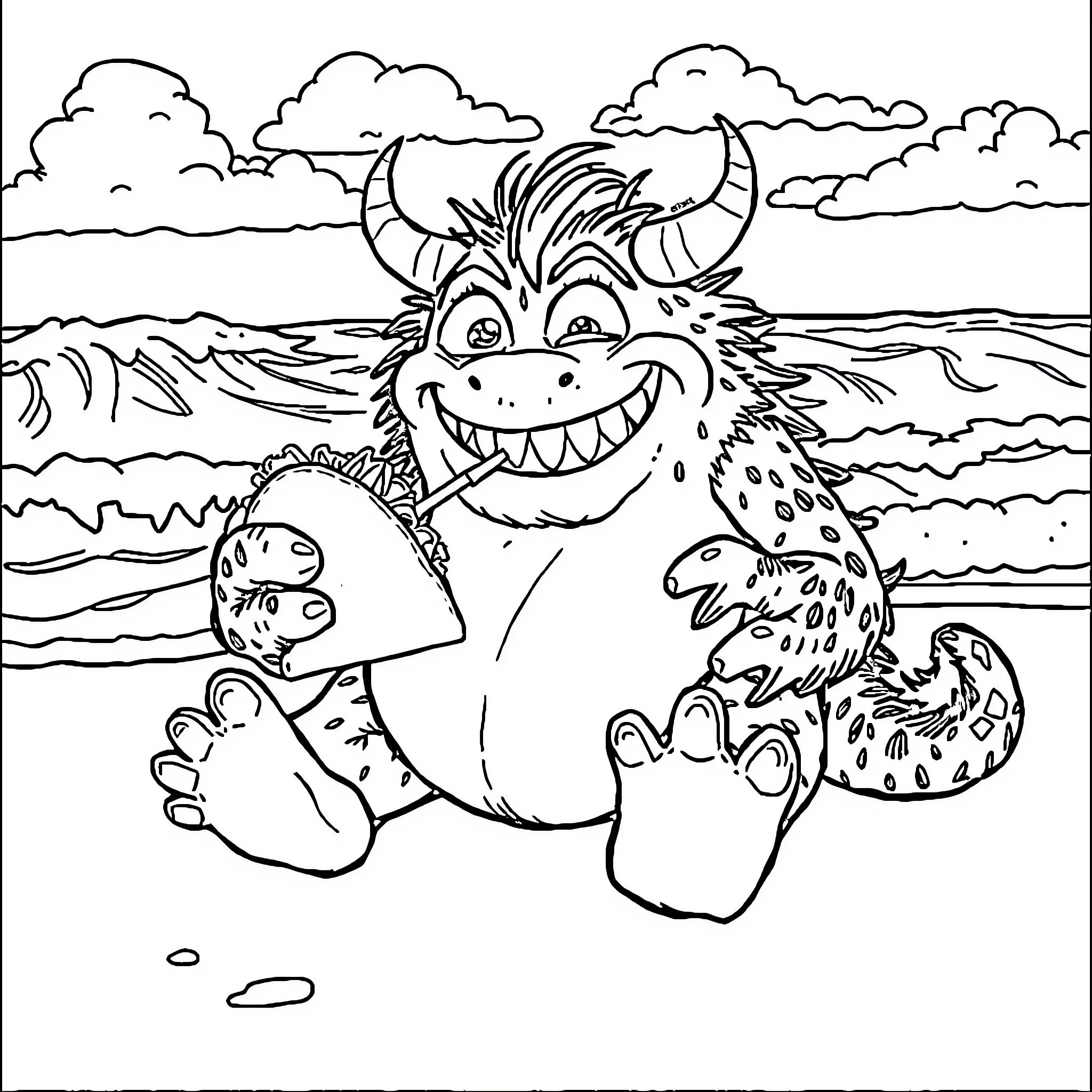 Monster splashing joyfully in the waves Coloring Page (free black-and-white line drawing printable PDF for all, from beginners to advanced learners, including children, teens, adults, and seniors)