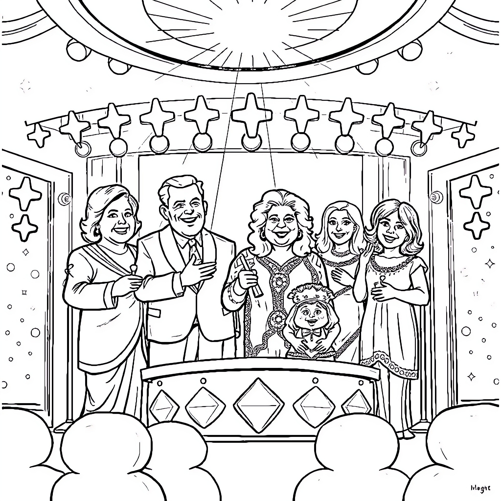 Gemstone Family Celebration on Stage Coloring Page (free black-and-white line drawing printable PDF for all, from beginners to advanced learners, including children, teens, adults, and seniors)