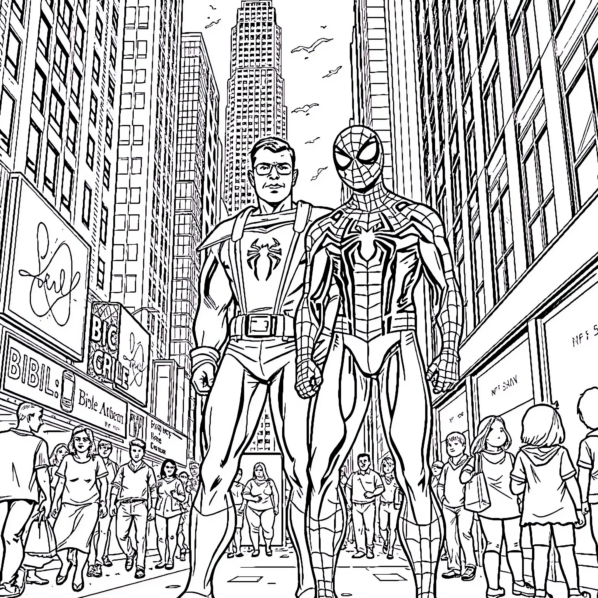 Bible Man and Spider-Man in the City Streets Coloring Page (free black-and-white line drawing printable PDF for all, from beginners to advanced learners, including children, teens, adults, and seniors)