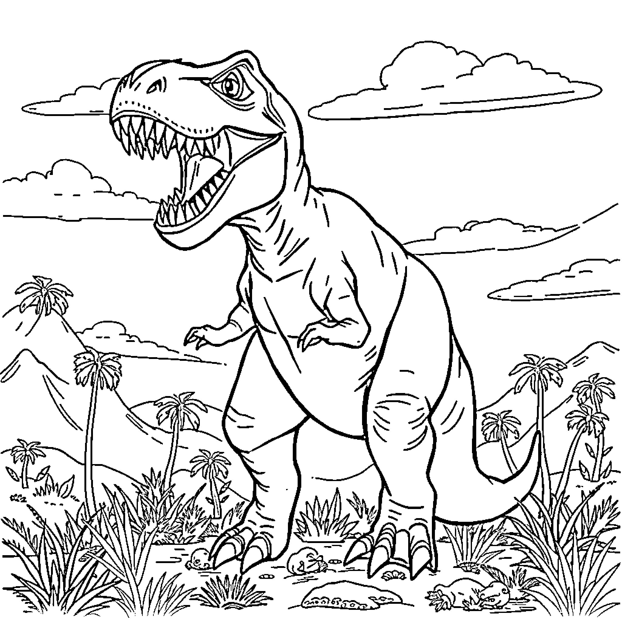 T-Rex Roaring Ferociously in Prehistoric Landscape Coloring Page (free black-and-white line drawing printable PDF for all, from beginners to advanced learners, including children, teens, adults, and seniors)