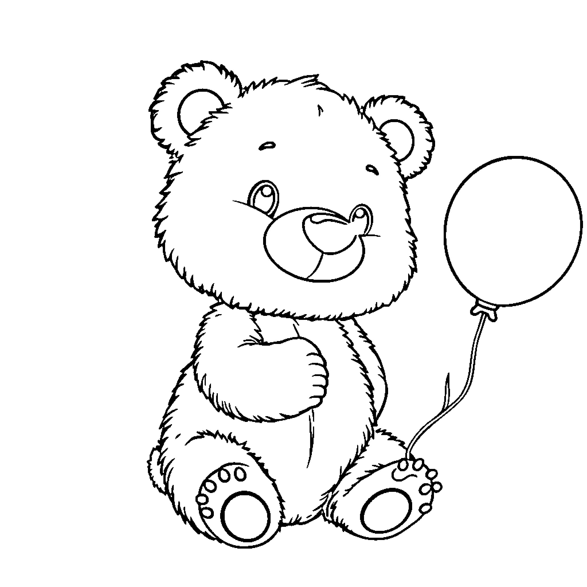 Bear holding a balloon Coloring Page (free black-and-white line drawing printable PDF for all, from beginners to advanced learners, including children, teens, adults, and seniors)